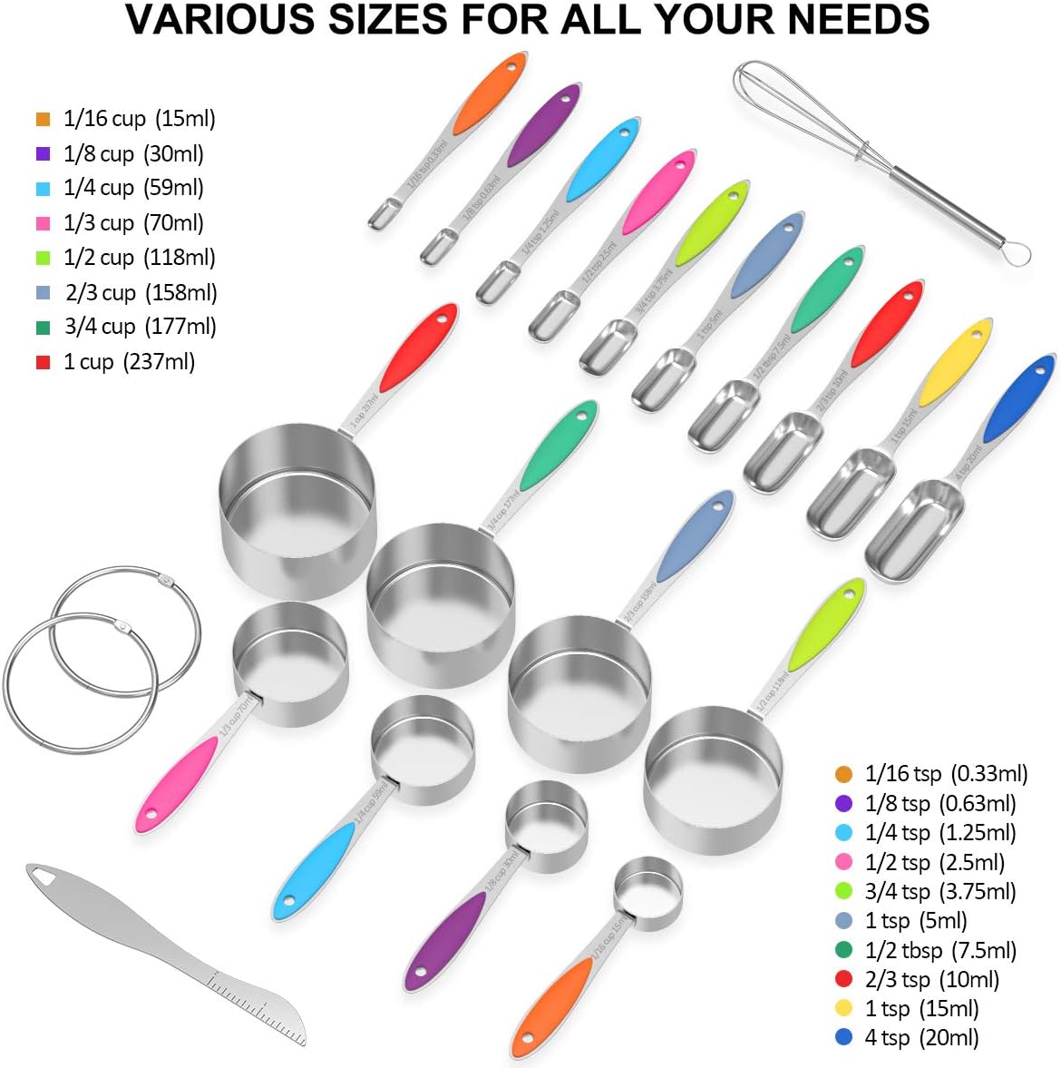 Measuring Cups and Spoons - Wildone Stainless Steel 20 Piece Stackable Set, Includes 8 Measuring Cups, 10 Measuring Spoons, 1 Leveler & 1 Whisk, for Dry and Liquid Ingredient