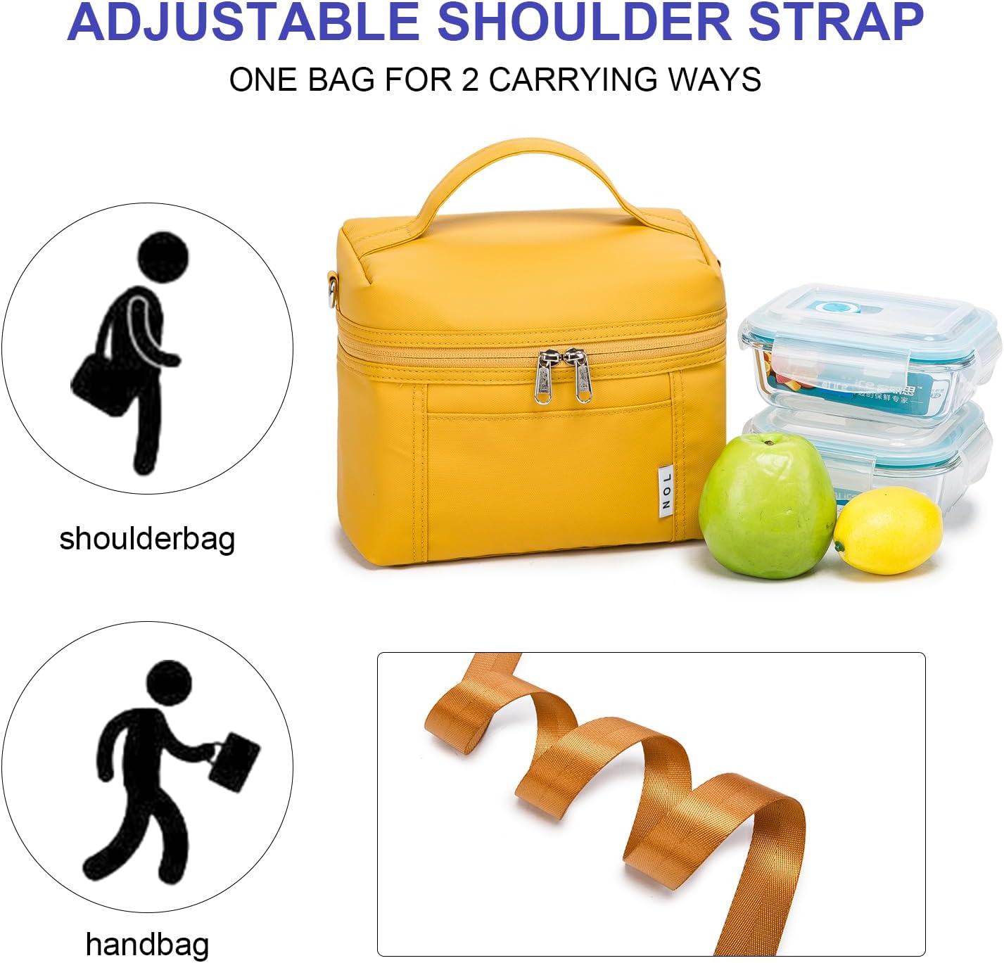 NOL Natural Organic Lifestyle Reusable Insulated Lunch Bags for Adults Lightweight Nylon Waterproof Lunch Box with Removable Adjustable Strap Insulated Lunch Bag for Work (Small Earth-yellow)