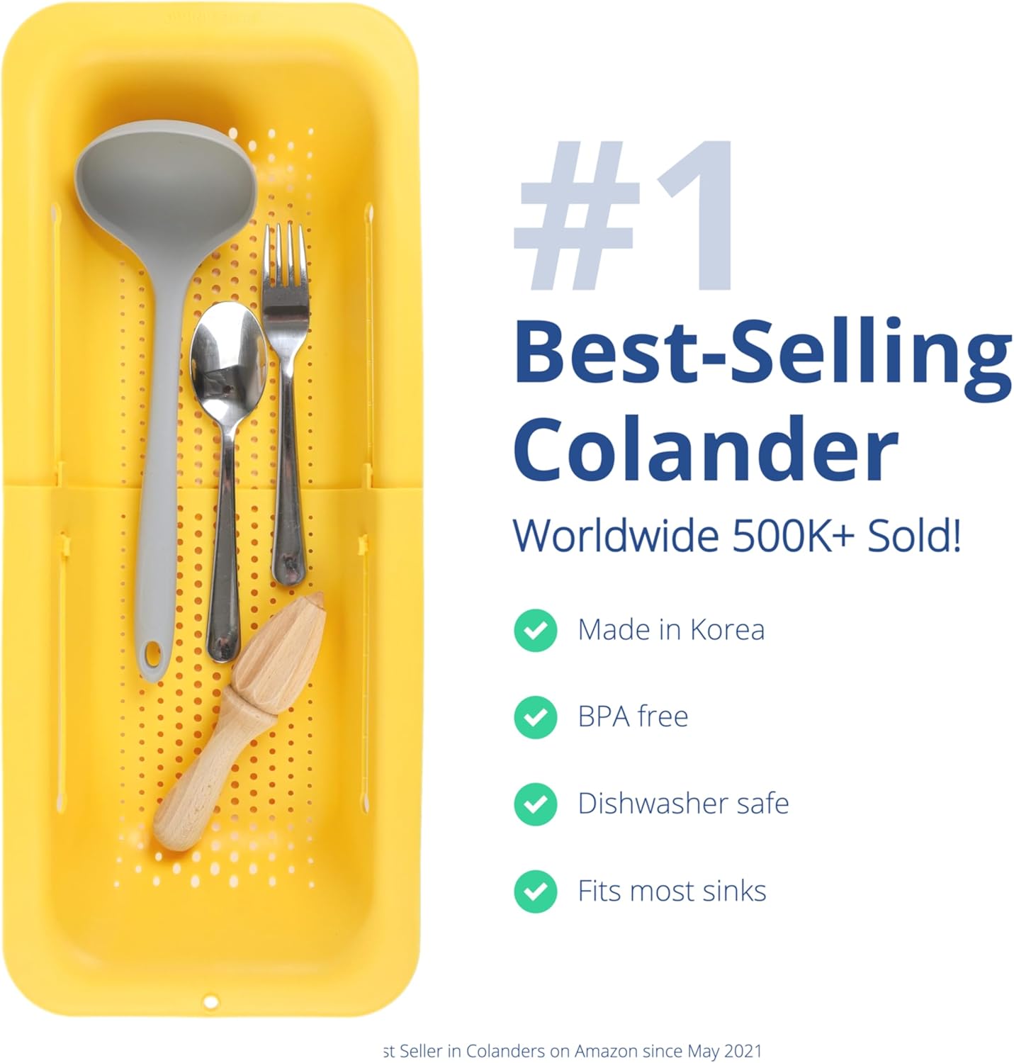 BLUE GINKGO Over the Sink Colander Strainer Basket - Wash Vegetables and Fruits, Drain Cooked Pasta and Dry Dishes - Extendable - New Home Kitchen Essentials (7.9 W x 14.5-19.5 L x 2.75 H) - Yellow