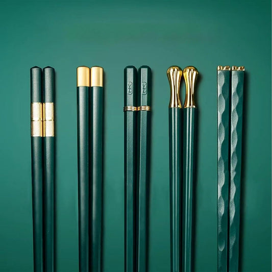Random Mood Modern Design Chopsticks - Reusable, Dishwasher Safe, Non-Slip Fiberglass, Golden and Lucky Green Multi Style, 5 Pairs, 9.5in/24cm, Great for Chinese, Japanese, Korean Cuisine