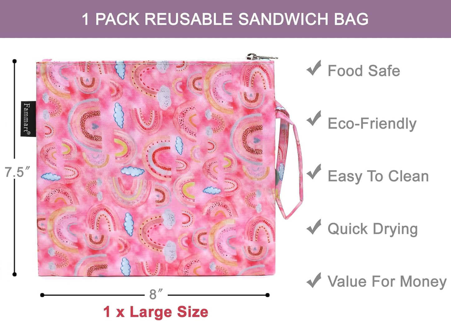 Reusable Sandwich Bag/Snack Bag for Kids & Adults, Dual Layer Lunch Bag with Handle, Washable, Food Safe, BPA Free (1-Pack, Rainbow)