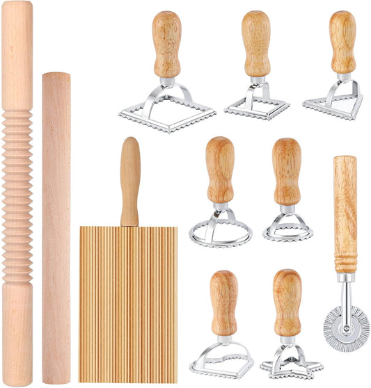 11 PCS Pasta Making Tool, Ravioli Maker Cutter Stamp Set, 1 Pasta Cutter Wheel with 1 Dough Roller, 1 Wood Gnocchi Board with 1 Ravioli Rolling Pin, Pasta Maker Tools for Lasagna, Pierogi