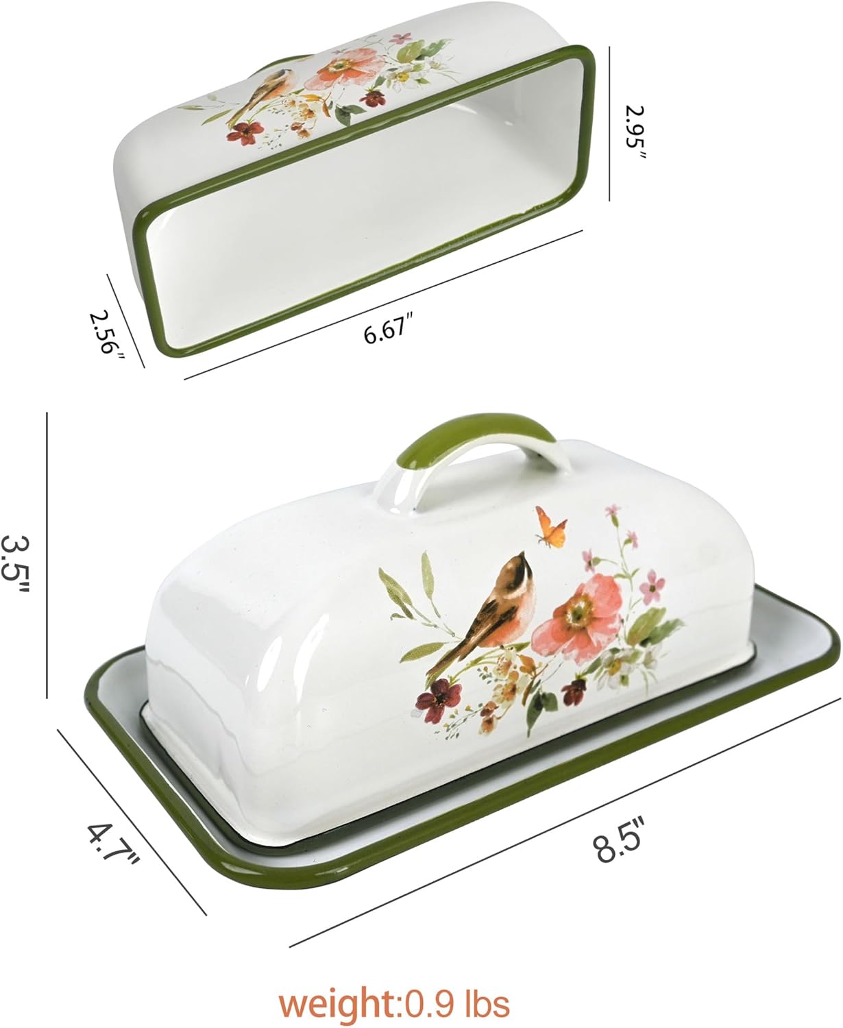 Enamel Butter Dish with Lid Vintage Enamelware Butter Keeper with Flower and Bird Patterns Farmhouse Butter Container Butter holder for Countertop Kitchen Decor