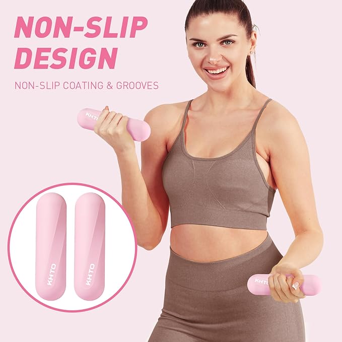 KHTO Food Grade Silicone Dumbbell Weight Bars for Women, Pink (2.2 LB | 4.4 LB Pair), Non-Slip Hex Sides Dumbbell Set for Home Gym Workout, Walking, Yoga, Dance, Barre, Pilates