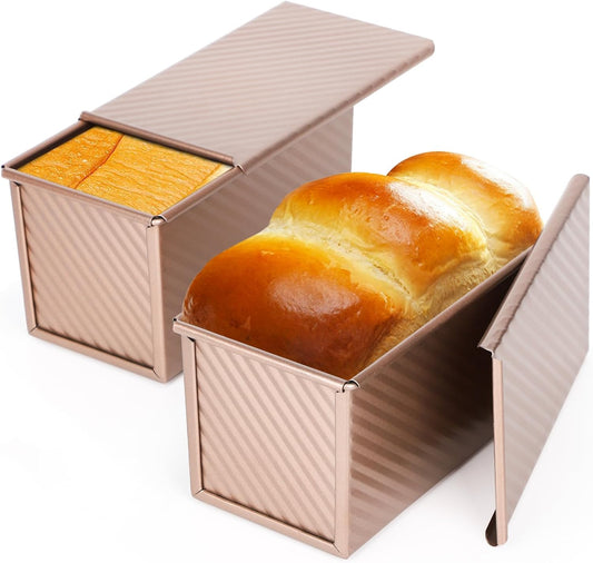 Beasea Pullman Loaf Pan with Lid, 2 Pack 1 lb Non-Stick Bread Loaf Pans Carbon Steel Bread Toast Box with Cover for Homemade Bakeware Bread Toast Oven Baking - Rose Gold