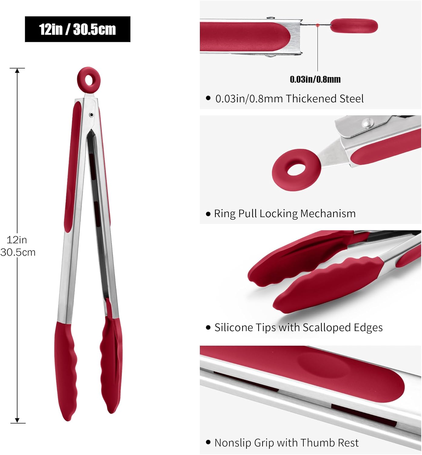 Doosu Kitchen Tongs for Cooking - 600°F Heat Resistant Food Tong with Non-Scratch Silicone Tips, Heavy Duty Stainless Steel Locking Tong for BBQ, Grilling Steak, Serving Salad, Pasta (12in, Red)