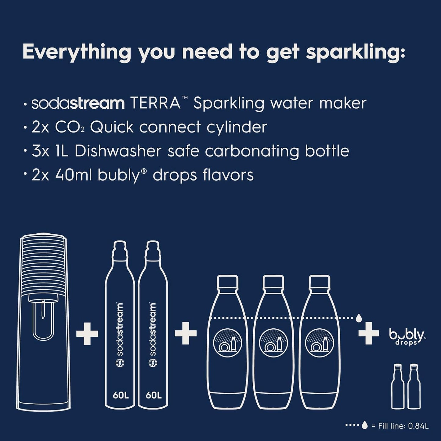 SodaStream Terra Sparkling Water Maker Bundle (White), with CO2, DWS Bottles, and Bubly Drops Flavors
