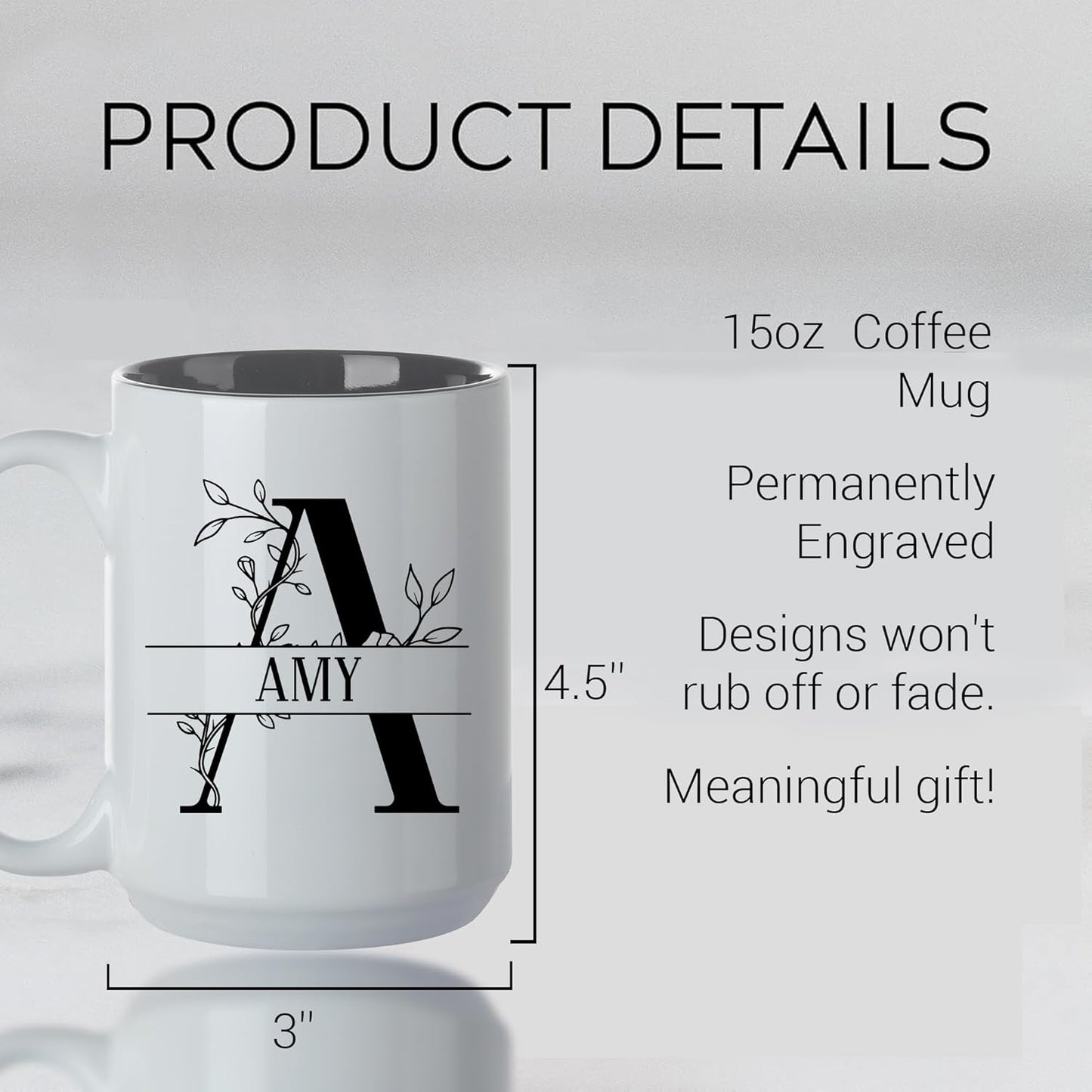 Personalized Coffee Mug - 15oz Engraved Mug with Custom Text & Name, Initials Monogram Tea Cup Gifts for Men & Women, Birthdays, Mother's Day, Anniversary, Customized Coffee Cup, Tazas Personalizadas