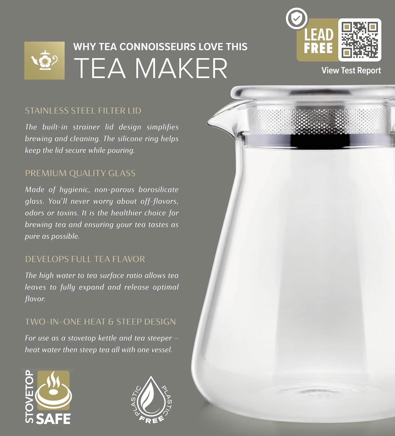 Teabloom One-Touch Tea Maker, 2-in-1 Teapot and Kettle with Stainless Steel Filter Lid for Loose Tea – Stain-free Borosilicate Glass Teapot (40 Oz) – Tea Connoisseur's Choice
