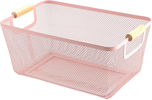 Metal Mesh Steel Basket, Large Wire Storage Organizer Basket Multi-function Hanging Kitchen Baskets with Wood Handle for Kitchen Bathroom Picnic Home, Rectangle-Pink