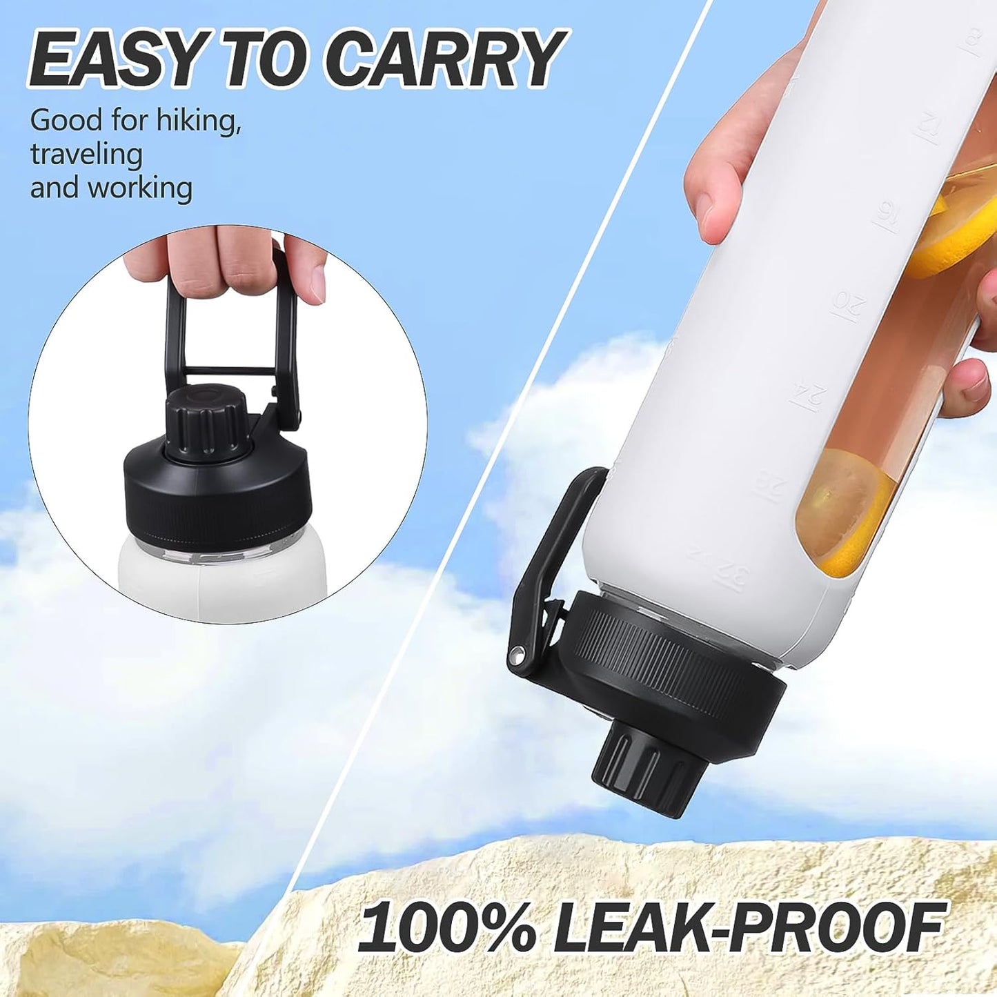 32oz Glass Water Bottle with Straw and 2 Lids- Bamboo Straw and Spout Lid with Phone Holder for Gym, Glass Drinking Bottles with Silicone Sleeve and Motivational Time Marker, White