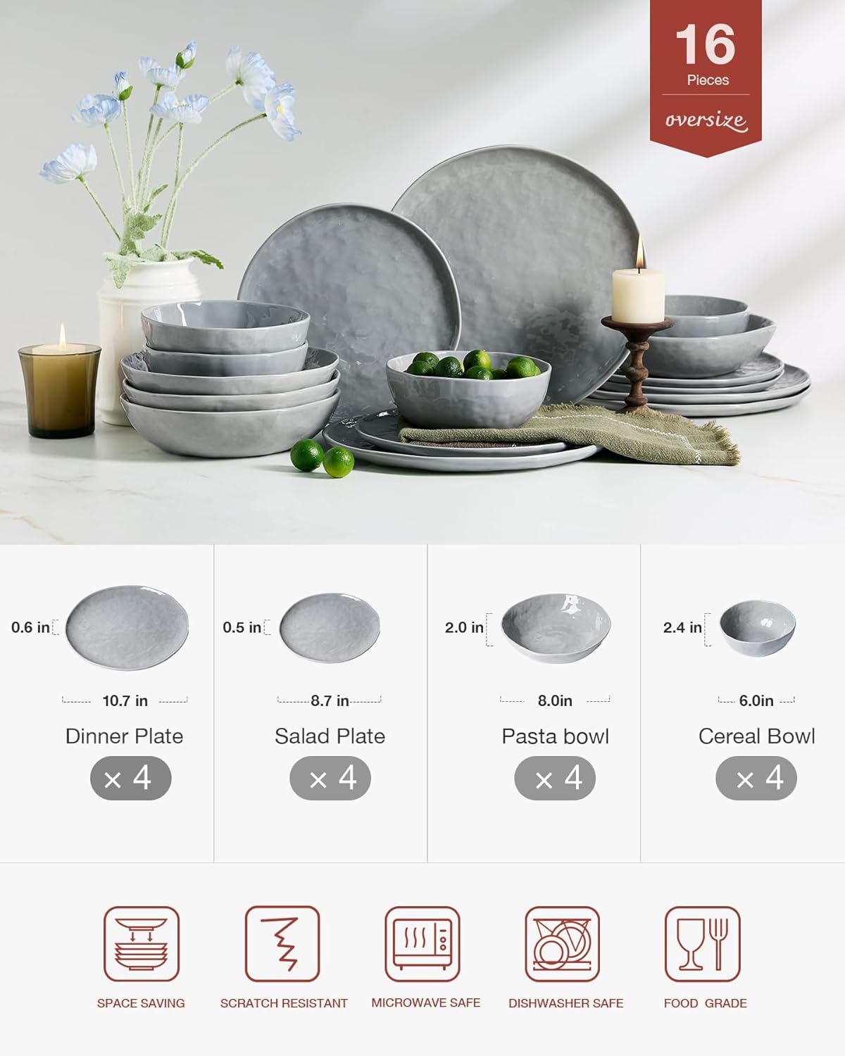 Famiware Porcelain kitchen plates and bowls set, Modern dishes set for 4, Handmade Wave Edge Dinnerware Sets, Microwave and Dishwasher Safe Tableware, Sleek Grey (16pc)