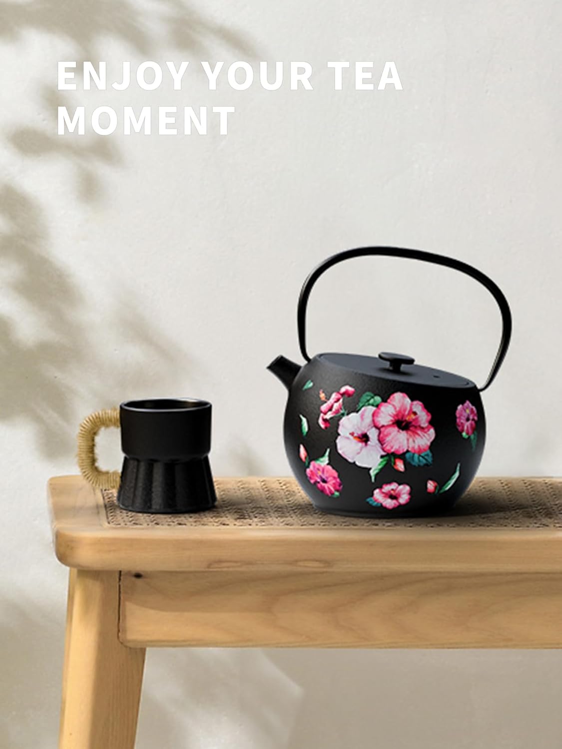 Toptier Teapot with Removable Infuser, Cast Iron Tea Kettle Stovetop Safe, Solid Geometry Ball Design Tea Pot Coated with Enameled Interior for 32 Ounce (950 ml), Morning Glory