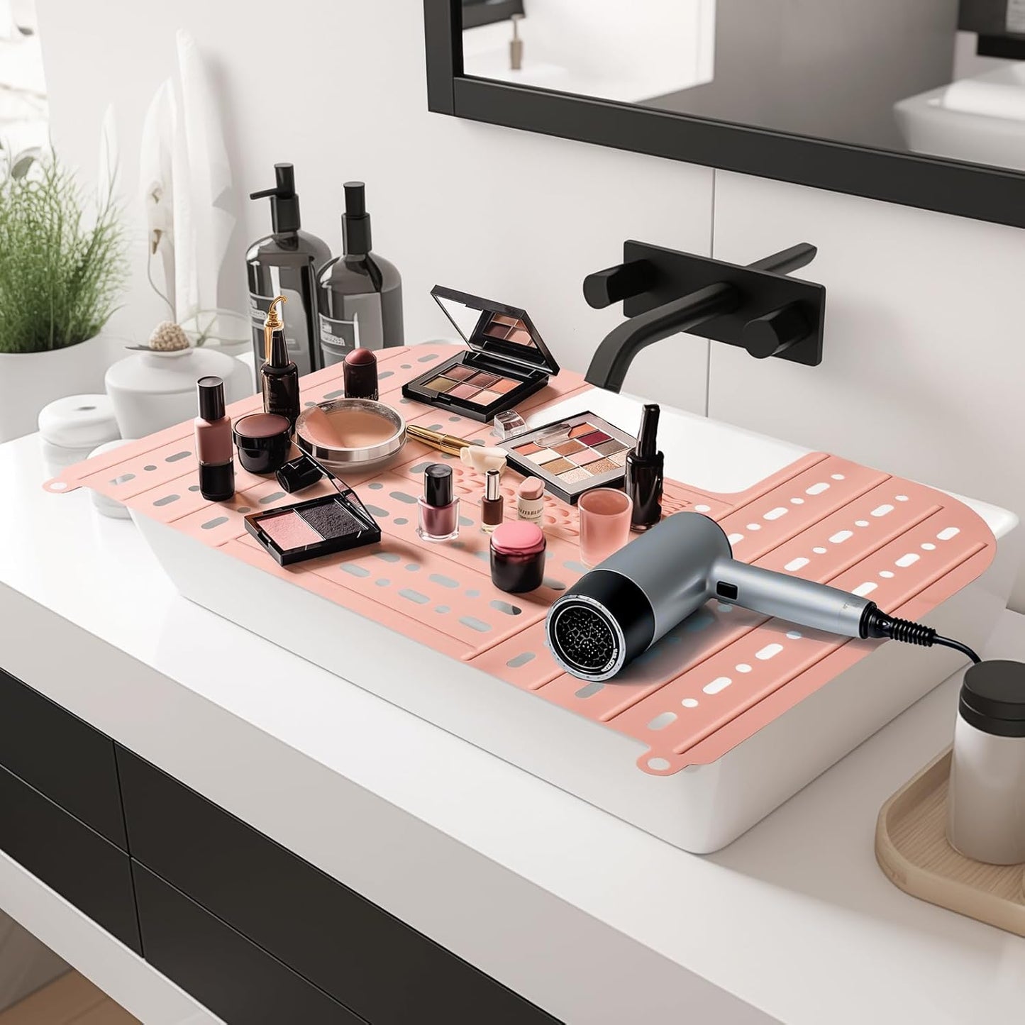 IeBilif Sink Cover for Counter Space, Foldable Bathroom Sink Covers with Hanging Loop, Makeup Organizer Mat Space Saver, Silicone Makeup Brush Cleaner Mat for Bathroom(Pink)