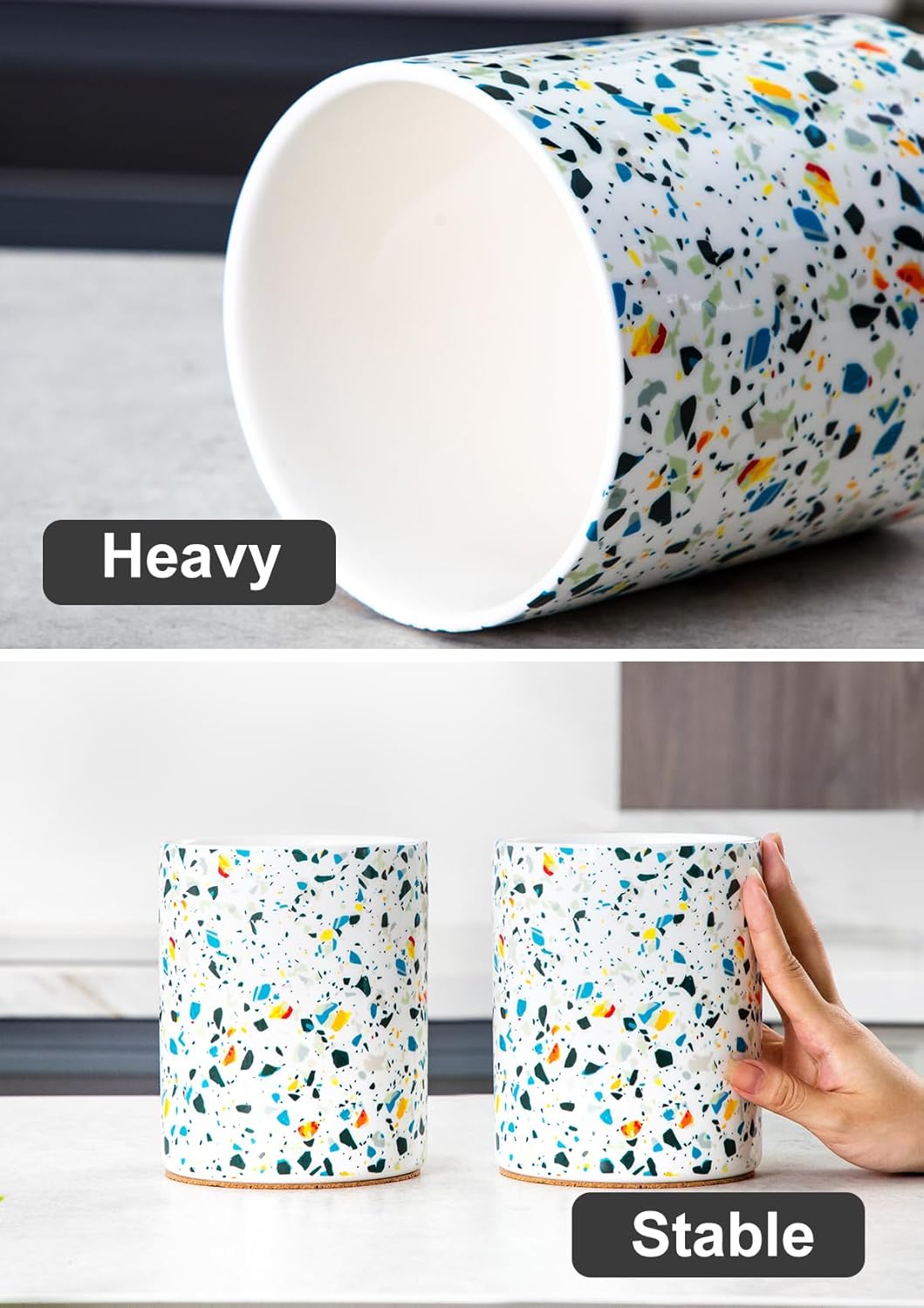 Nucookery Utensil Holder, 6.4" Ceramic Kitchen Utensil Holder for Countertop with Protection Cork Bottom, Vintage Farmhouse Kitchen Decor for Counter, Gift (Marble Pattern)