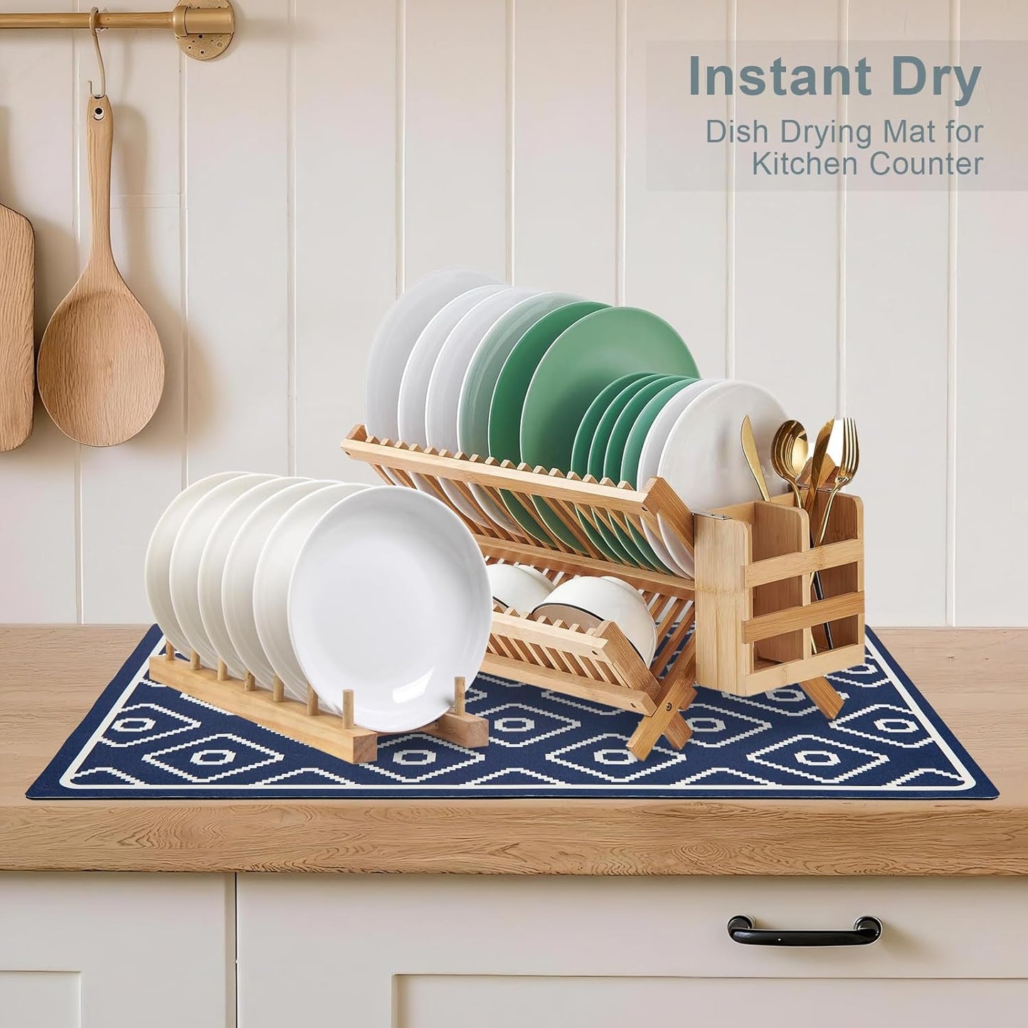 SUEH DESIGN Dish Drying Mat, Absorbent Coffee Mat 23.6 x 15.7 in Quick Dry Kitchen Drying Dish Drain Mat for Kitchen Counter Coffee Bar, Dark Blue