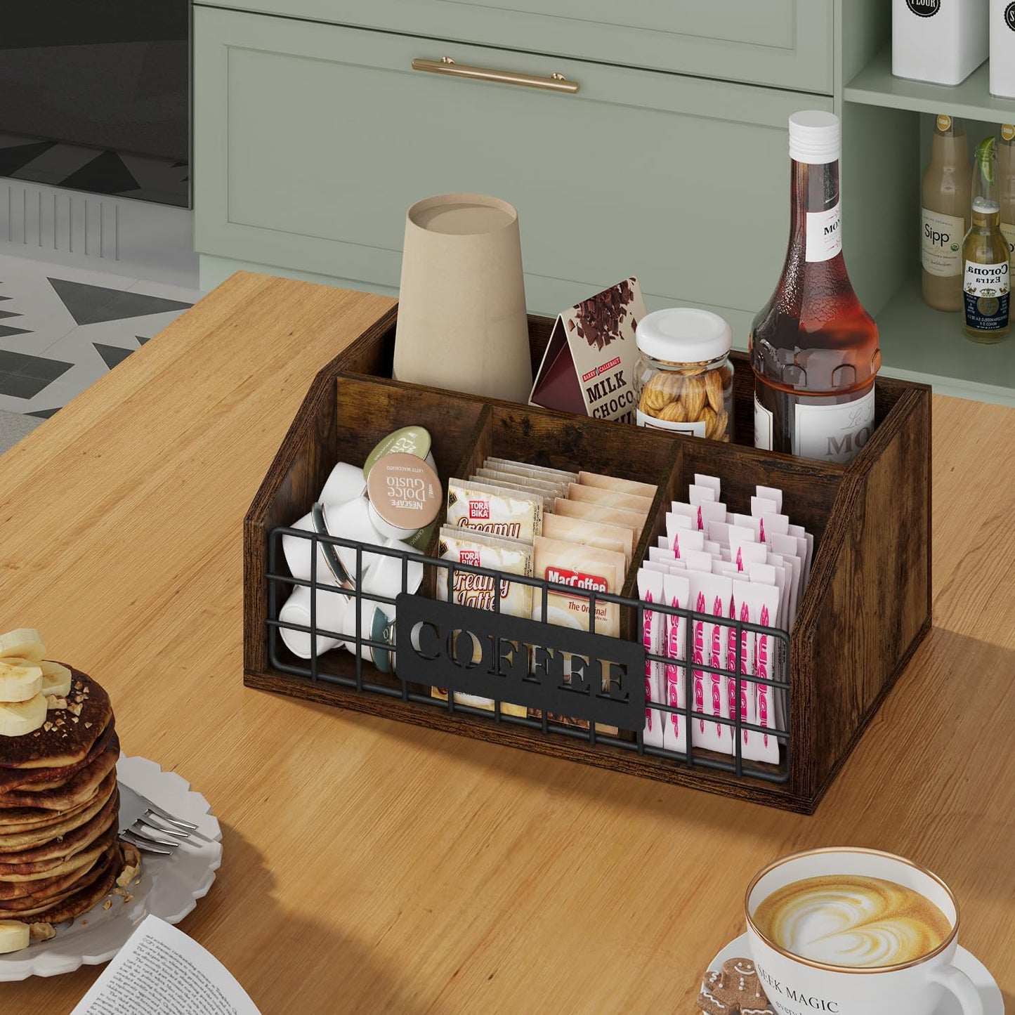 YINMIT Coffee Station Organizer for Countertop, Wood Coffee Bar Organizer with Removable Dividers for Pods, Syrup, Cups, Stirrer, Tea - Office Bar Accessories, Iron Wire-Vintage Brown