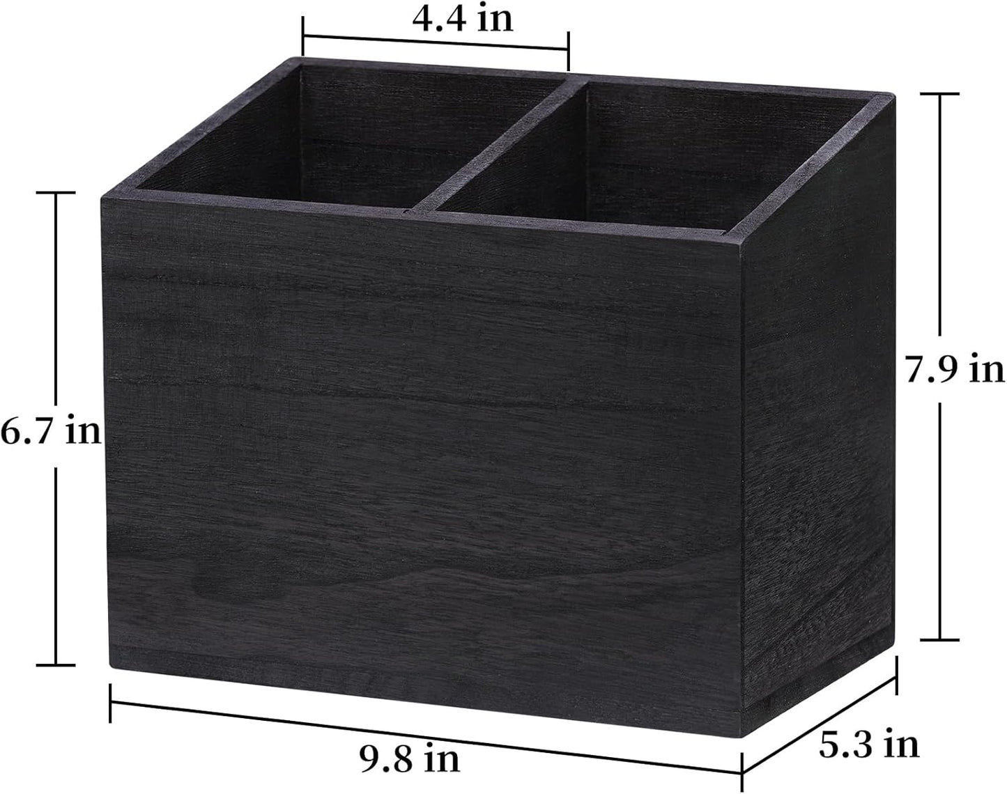 Wooden Kitchen Utensil Caddy With 2 Compartments, Rustic Utensil Holder for Kitchen Countertop, Wood Utensil Crock Organizer Box for Farmhouse Kitchen Decor (black)