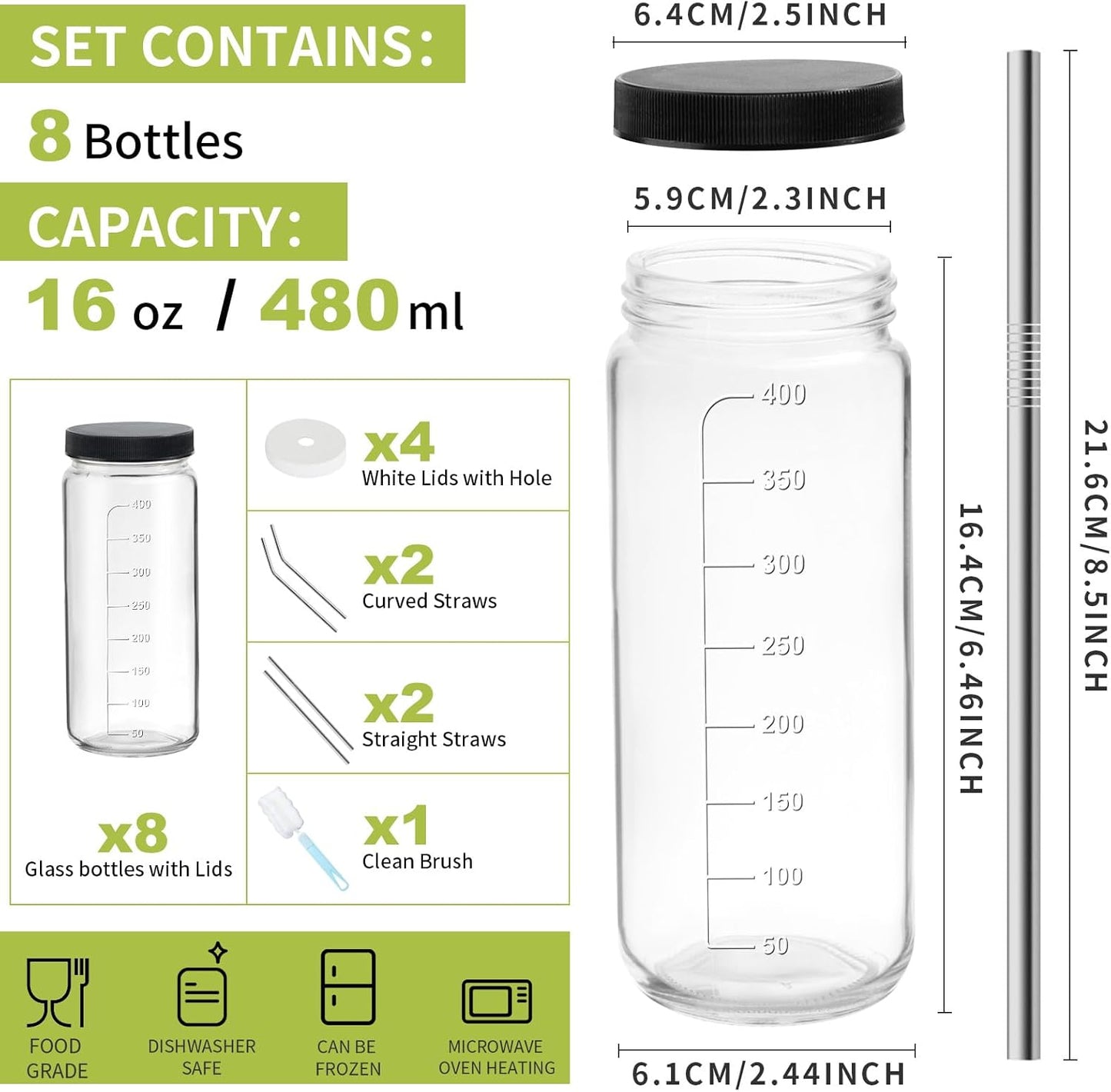 Ruckae 16oz 8 Pack Juice Bottles, Glass Bottles Juicing with Lids, Smoothie Cup Lids and Straws, Water Bottle Mason Jar Drinking Glasses for Juicing, Smoothies, Kombucha