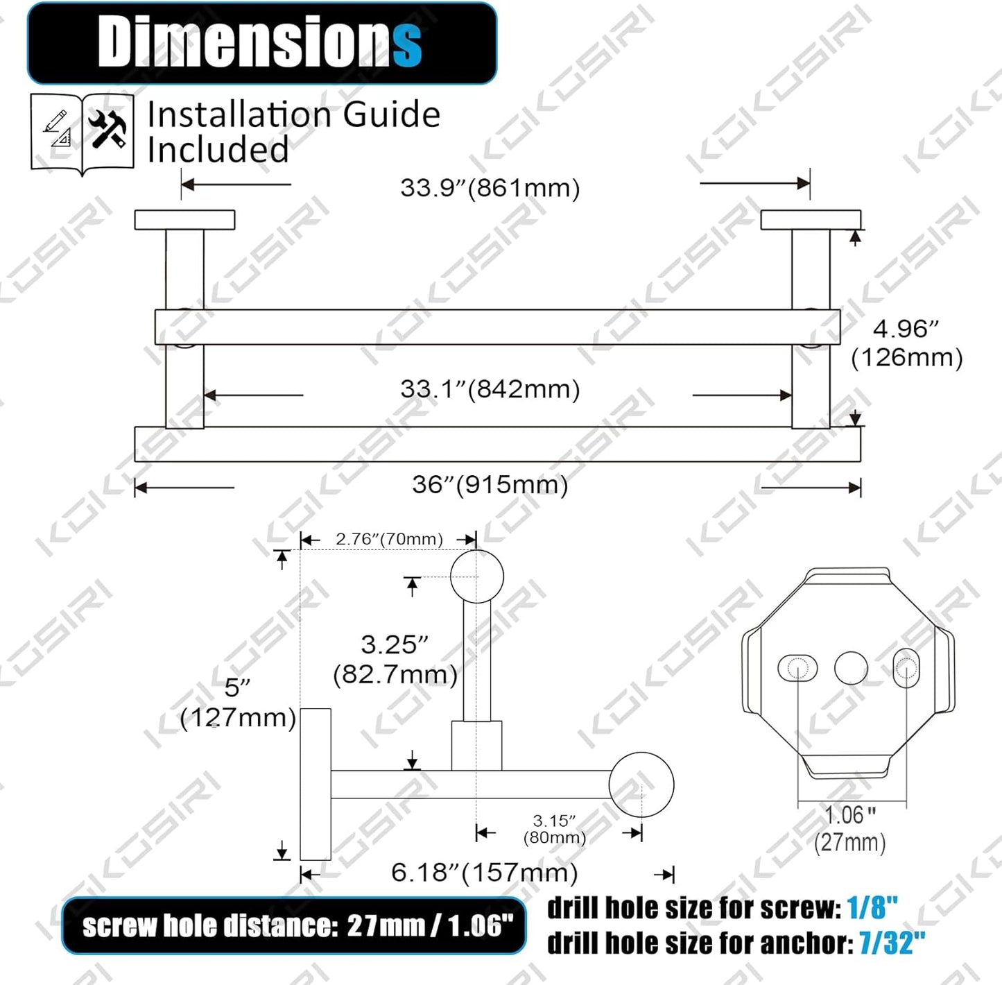 KOKOSIRI Bath Towel Bars 36-Inch Double Towel Rails Overlength Bathroom Racks for Cabinet Kitchen Brushed Gold Stainless Steel B5009BG-L36
