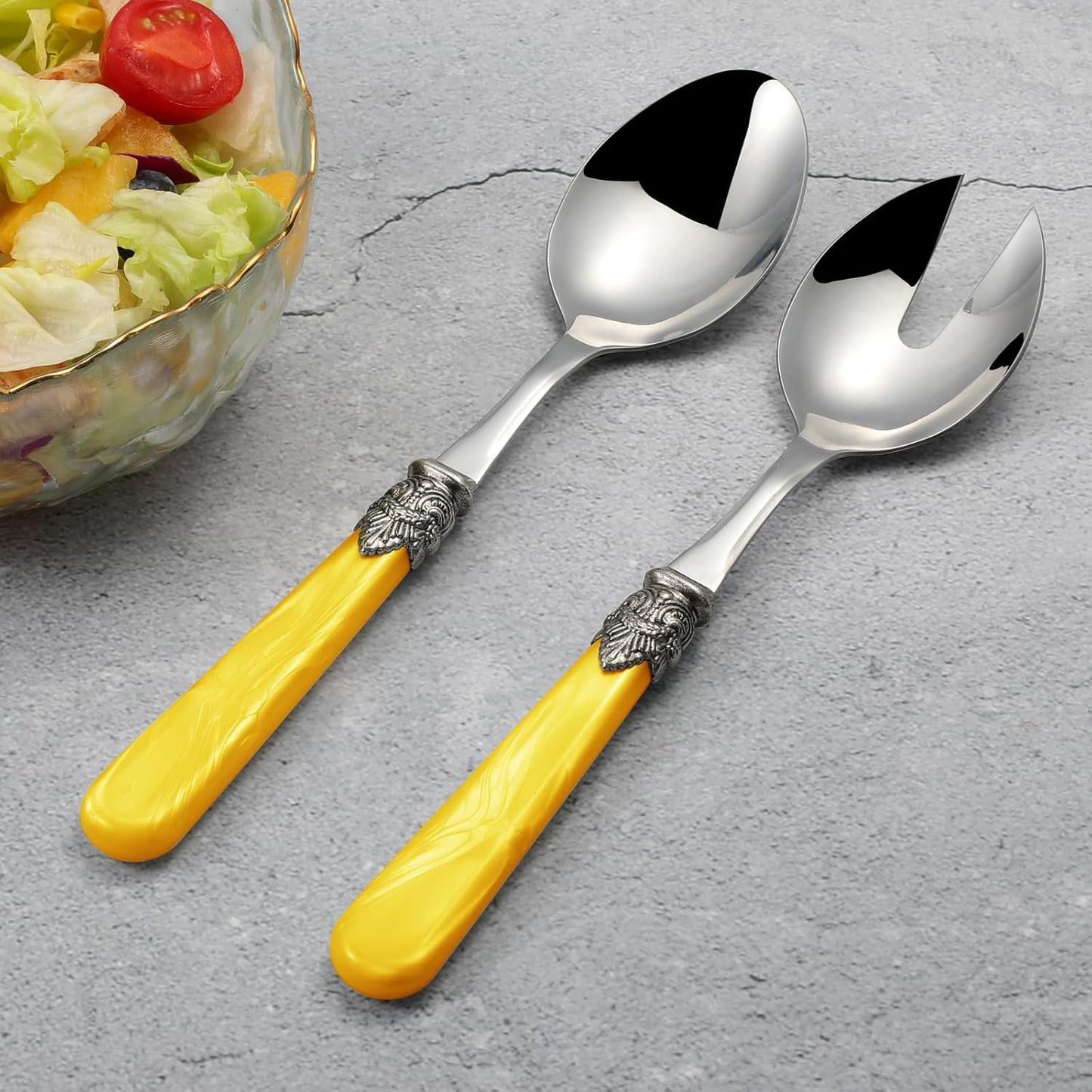 2-piece Salad Servers Stainless Steel Salad Serving Set Salad Fork and Spoon (Yellow)