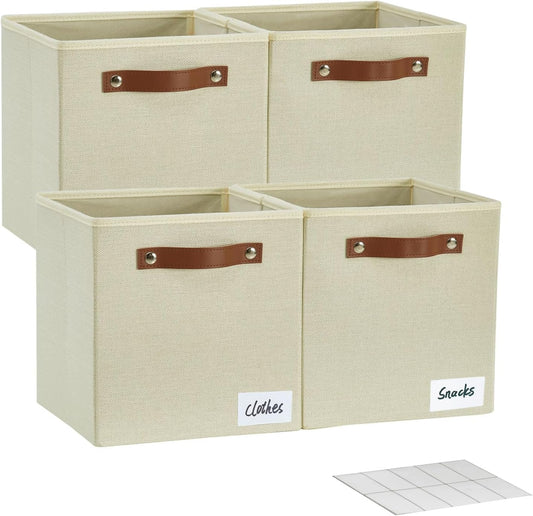 Collapsible Fabric Storage Cube Bins with 2 Reinforced PU Handles, Foldable Storage Organizer Baskets for Closet, Shelves, Living Room | 11"x11"x11", 4 Pack, Full Beige