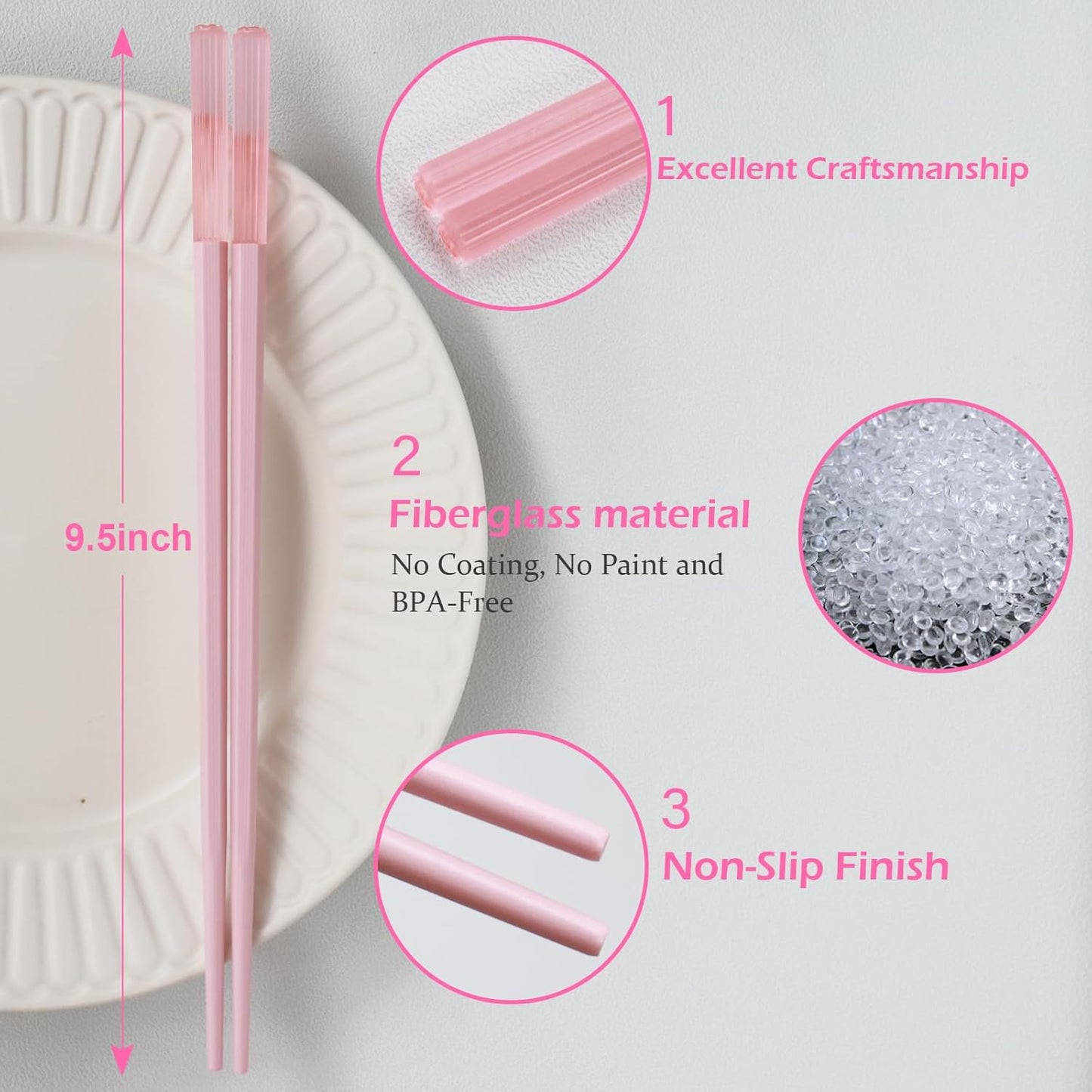 Chopsticks Reusable Dishwasher Safe, GLAMFIELDS 10 Pairs 9.5 Inches Premium Fiberglass Chop Sticks Set for Sushi, Ramen, Asian Cuisine, Non-slip, Pink