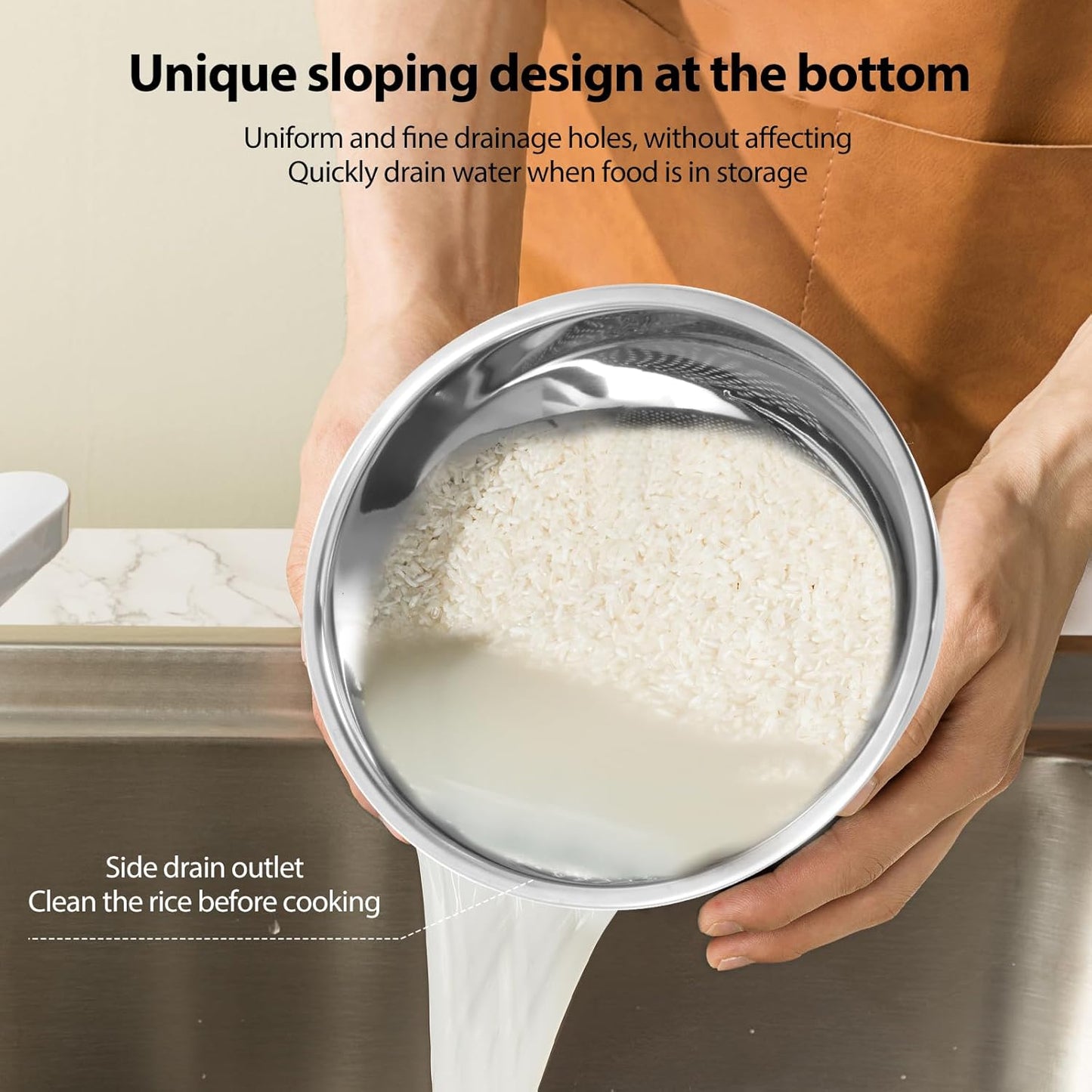 4PCS Rice Washer Strainer Bowl with Side Drainers Stainless Steel Rice Washing Bowl Multifunctional Colander for Cleaning Rinsing Fruits Vegetables Beans Silver