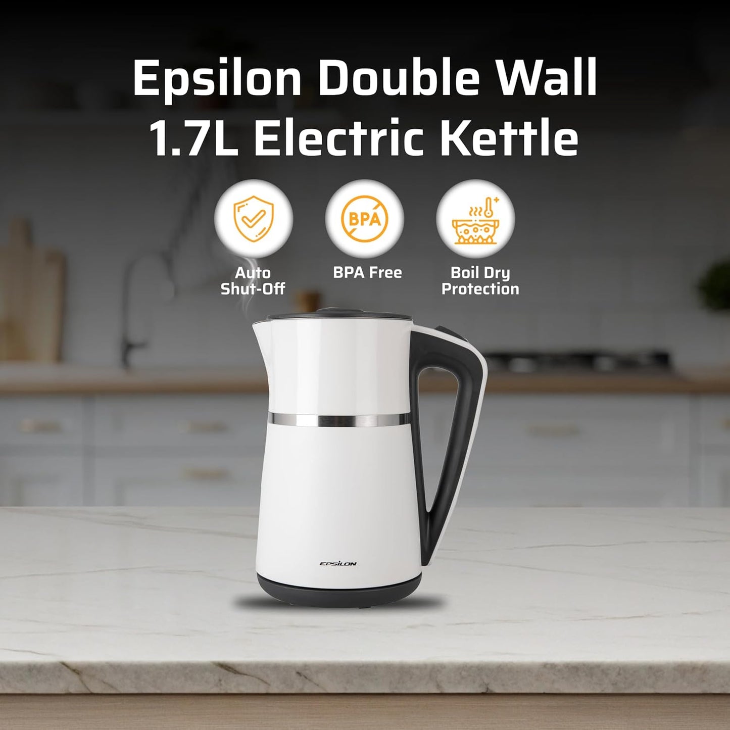 Epsilon Double Wall Electric Kettle 1500W – 1.7L Hot Water Tea Kettle & Hot Water Boiler with Auto Shut-Off, Boil Dry Protection, BPA-Free Stainless Steel Electric Teapot, Fast Boil, Cool Touch Design