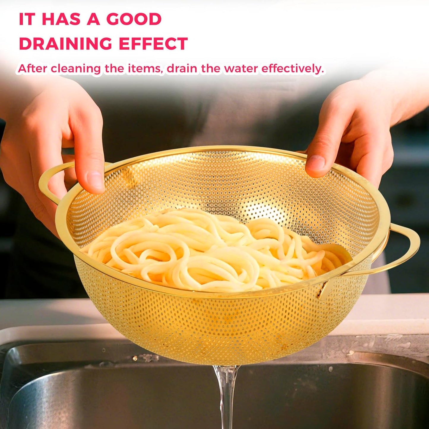 Snailhouse Colander, 3 Quart Kitchen Stainless Steel Metal Pasta Rice Food Colander Strainer Bowl with Handles and Legs for Draining Washing, Gold