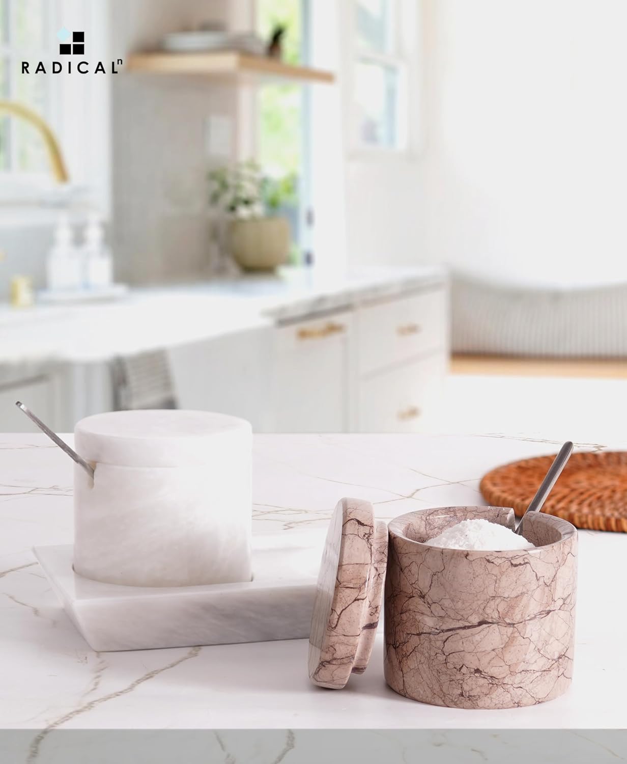 Radicaln Marble Salt Cellar With Lid and Tray 3" Inch White and Marinara Salt Container and Set of 2 Seasoning Jars For Living Room, Ideal Salt Bowl for Countertop