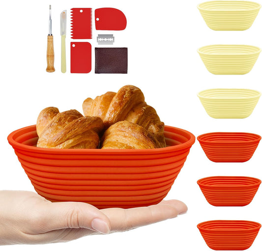 Silicone Banneton, Sourdough Bread Baskets (Set of 6, 6.5 Inch), Oval Proofing Bread Bowls with Starter Kit, Bread Making Baking Supplies