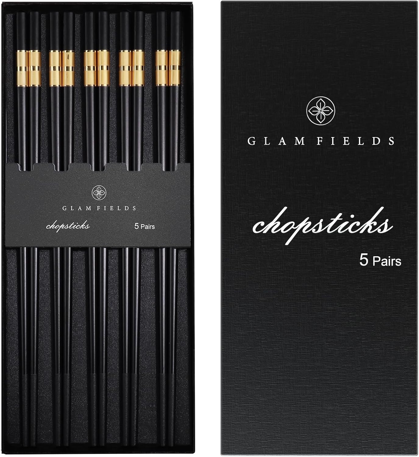 GLAMFIELDS 5 Pairs Premium Chopsticks Reusable Dishwasher Safe 9.5 Inch Fiberglass Chop Sticks Gift Set Non Slip Black+Gold