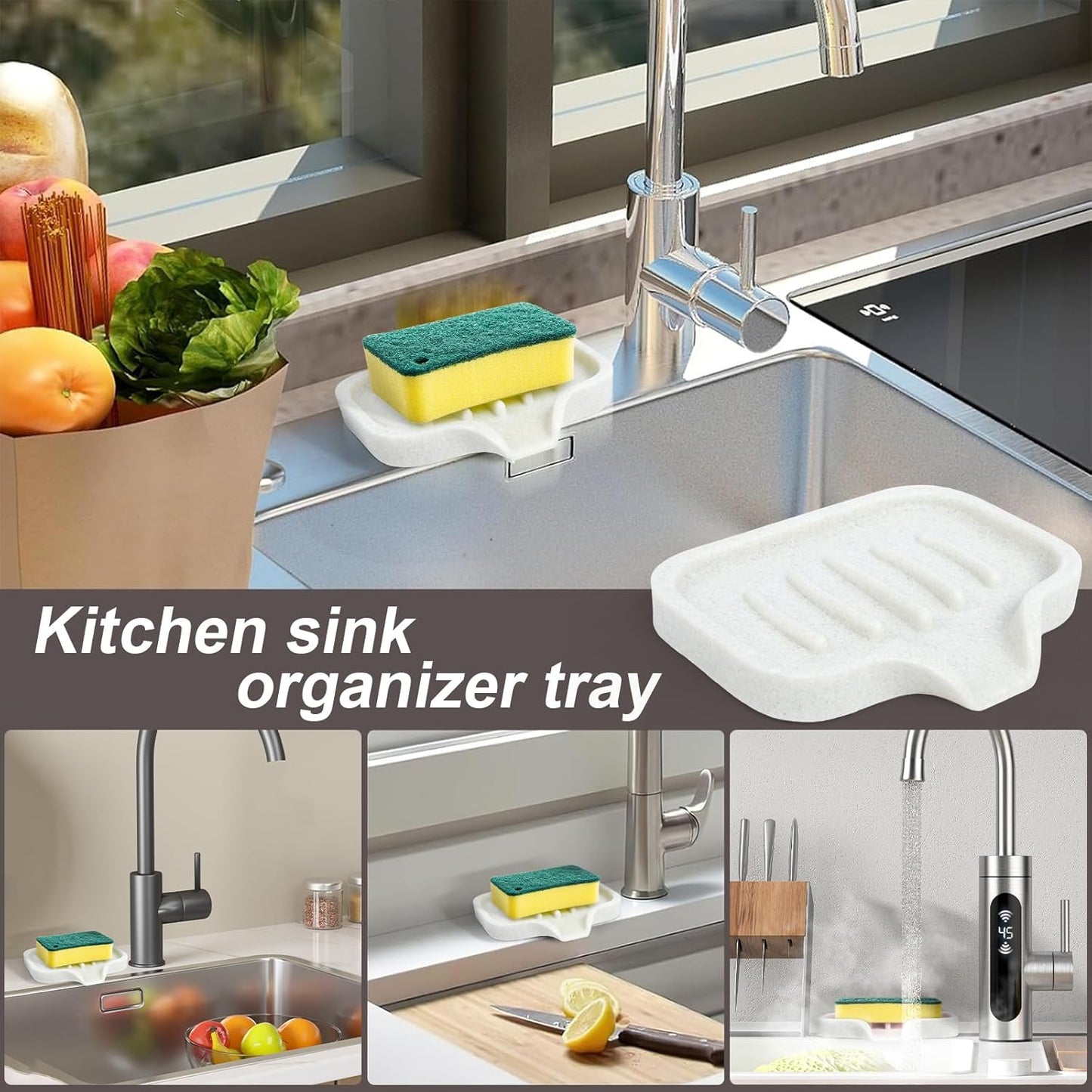 Self Draining Soap Dish- Bar Soap Holder for Shower, Marble Design Large Soap Savers Soap Tray Sponge Holder for Kitchen Bathroom Bathtub Sink, Crystal White