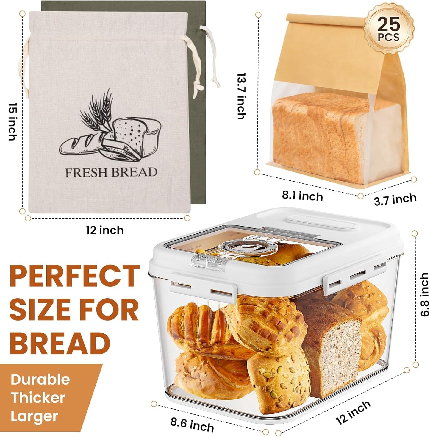 TomCare Larger Bread Box and 2 Pack Linen Bread Bags and 25 Pack Thicker Paper Bread Bags With Tin Ties for Homemade Sourdough Bread Food Storage Container Baking Supplies for kitchen Countertop
