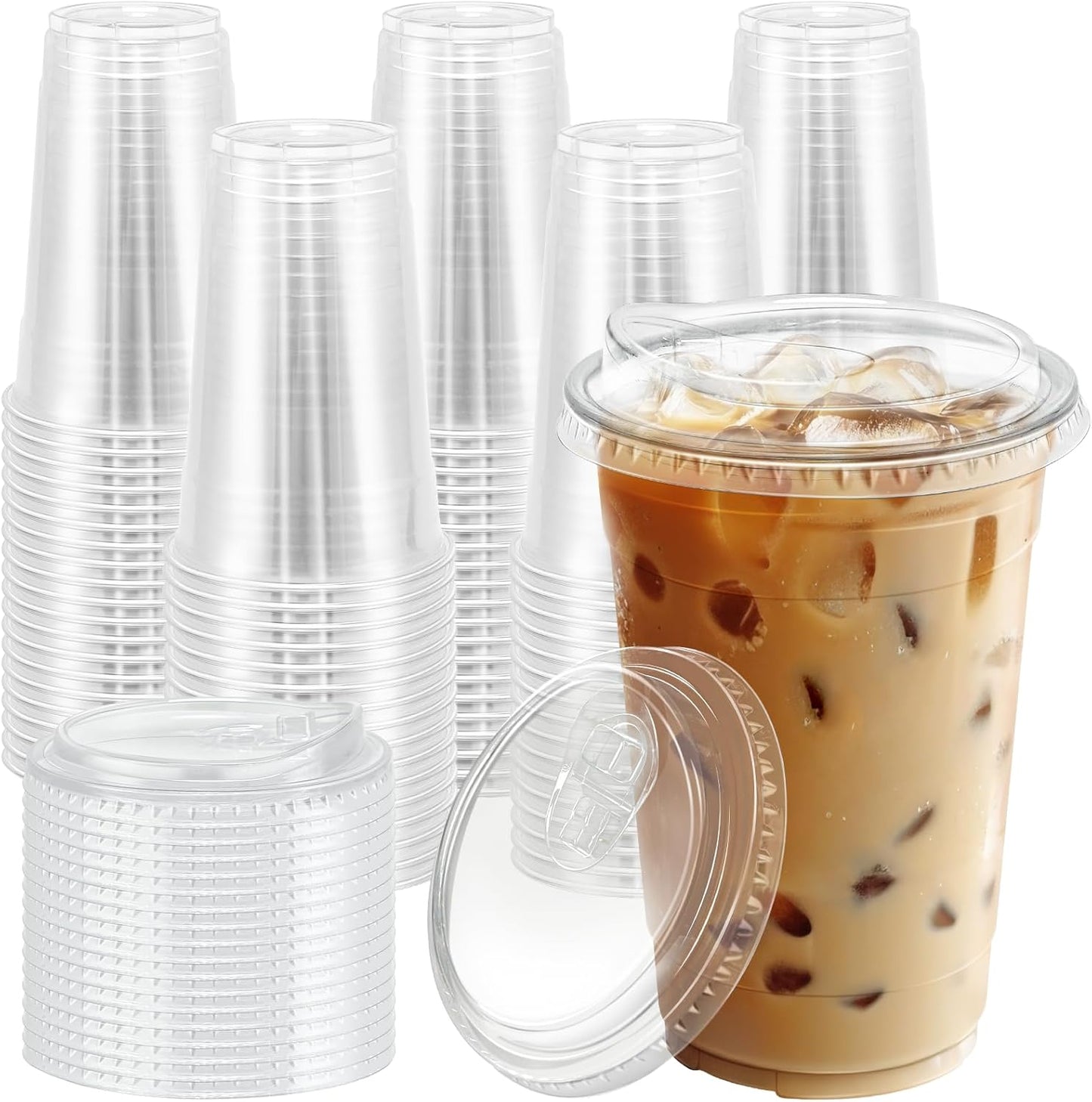 100 Pack 20 oz Clear Plastic Cups with Lids, Disposable Iced Coffee Cups with Sip Lids, Sturdy Plastic Smoothie Cups for Cold Drinks