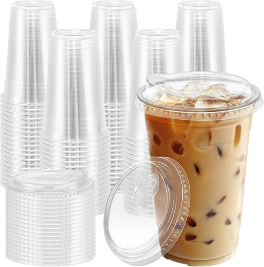 100 Pack 20 oz Clear Plastic Cups with Lids, Disposable Iced Coffee Cups with Sip Lids, Sturdy Plastic Smoothie Cups for Cold Drinks