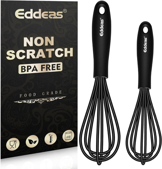 Silicone Mini Whisk, Small whisks Non-Stick Tiny Whisks set of 2（5.5in & 7.5in）-Heat Resistant (450°F) Whisks, Balloon Egg Beater Perfect for Whisking, Beating, Mixing, Blending, Black
