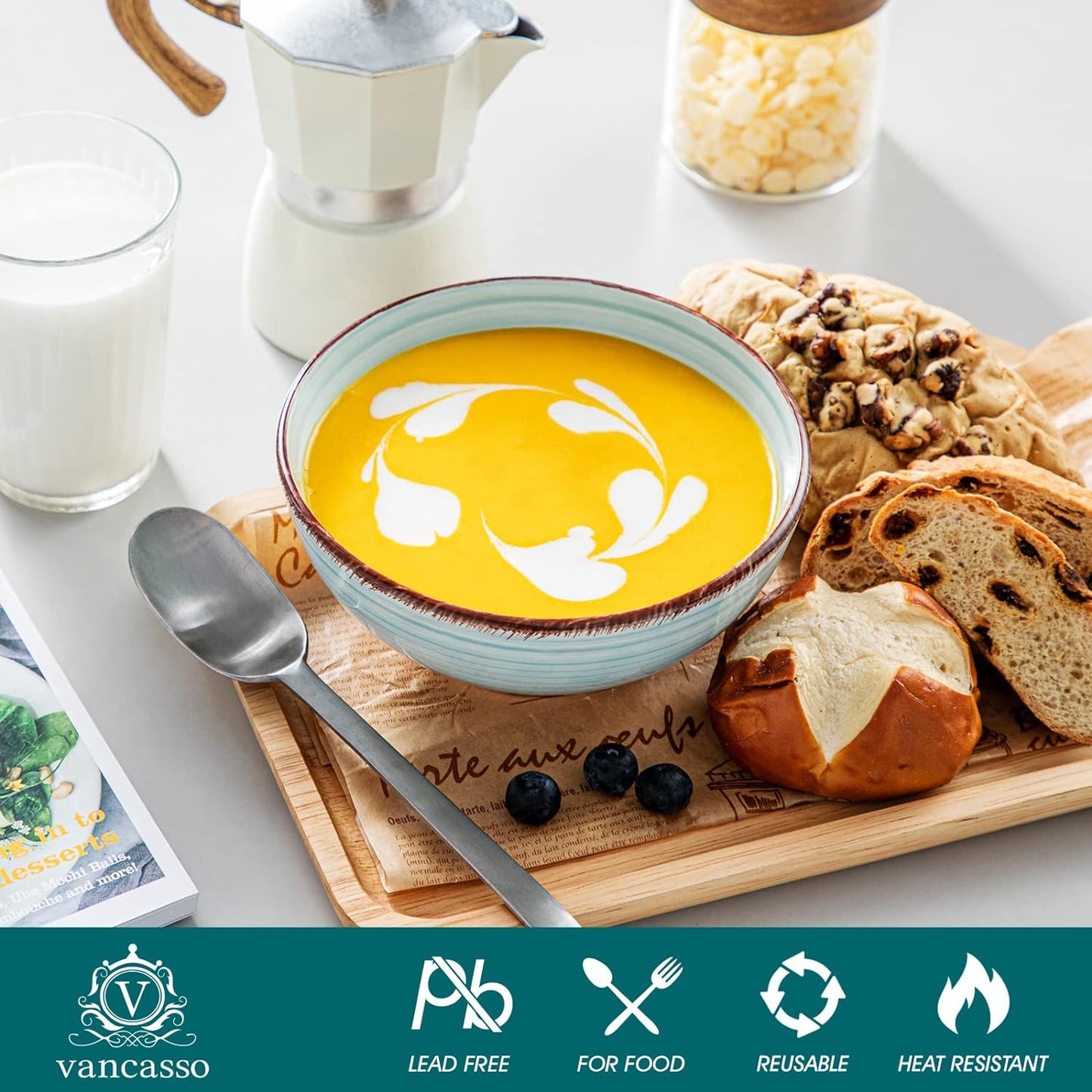 vancasso Bonita 27 Oz Cereal Bowls Set of 6, Blue Ceramic Bowls for Kitchen, 6 Inch Soup Bowls, Dishwasher & Microwave Safe