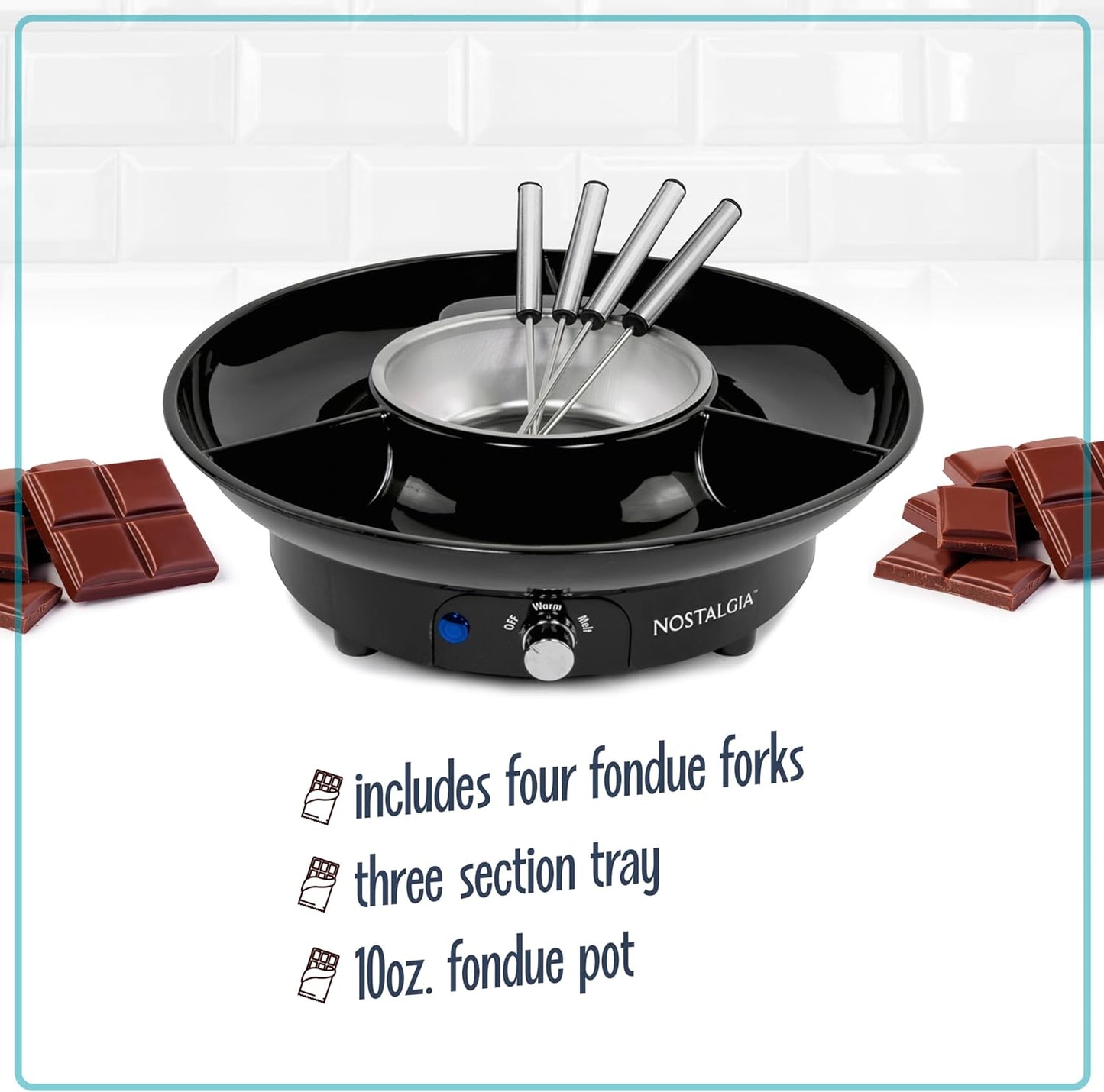 Nostalgia Electric Fondue Party Set – 10 oz Melting Pot, 4 Roasting Forks, & Detachable Serving Tray – Melted Cheese, Chocolate, or Dessert – Perfect for Gifts, Parties, Date Night – Black