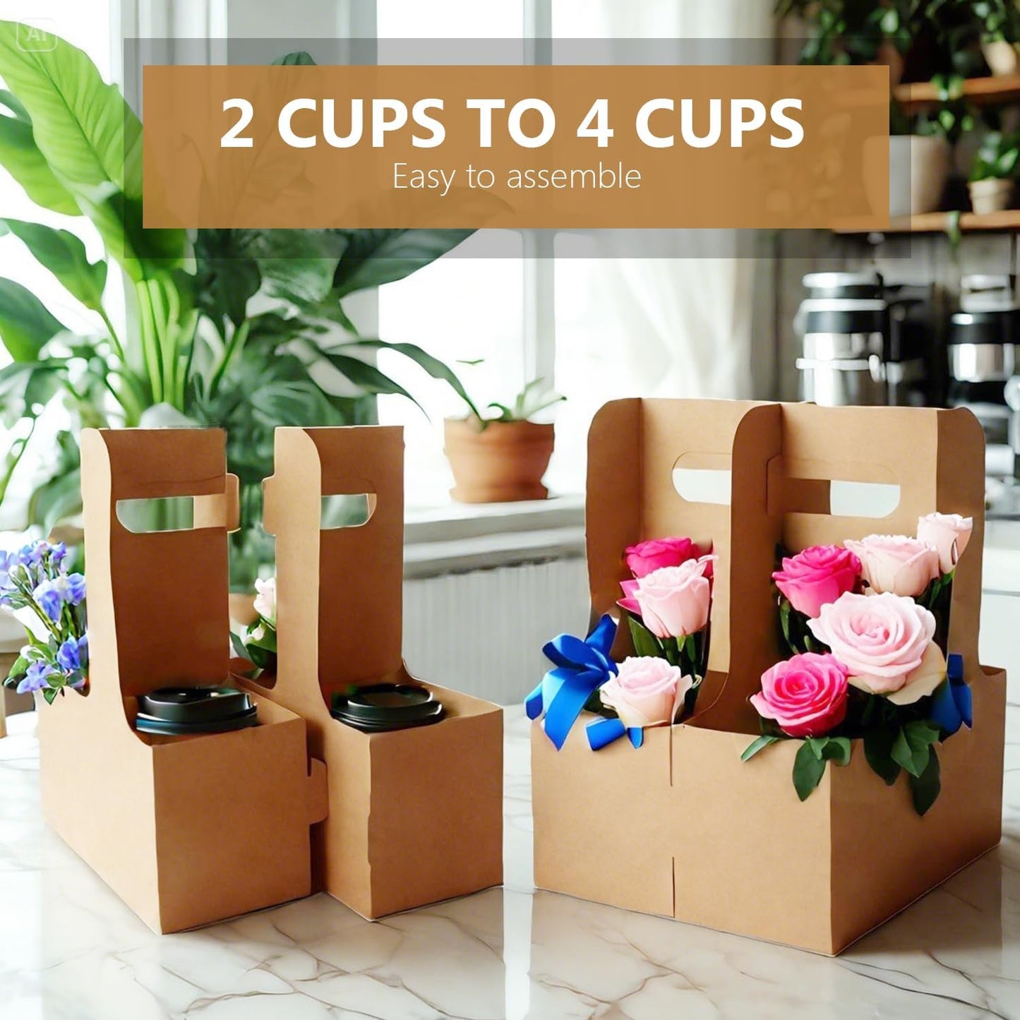 100 Pack 2-Cup/4-Cup Drink Carrier with Handle (12-30oz) | Disposable Paperboard Cup Holder | Foldable Beverage Tray for Hot/Cold Drinks, Coffee to Go, Delivery & Takeout