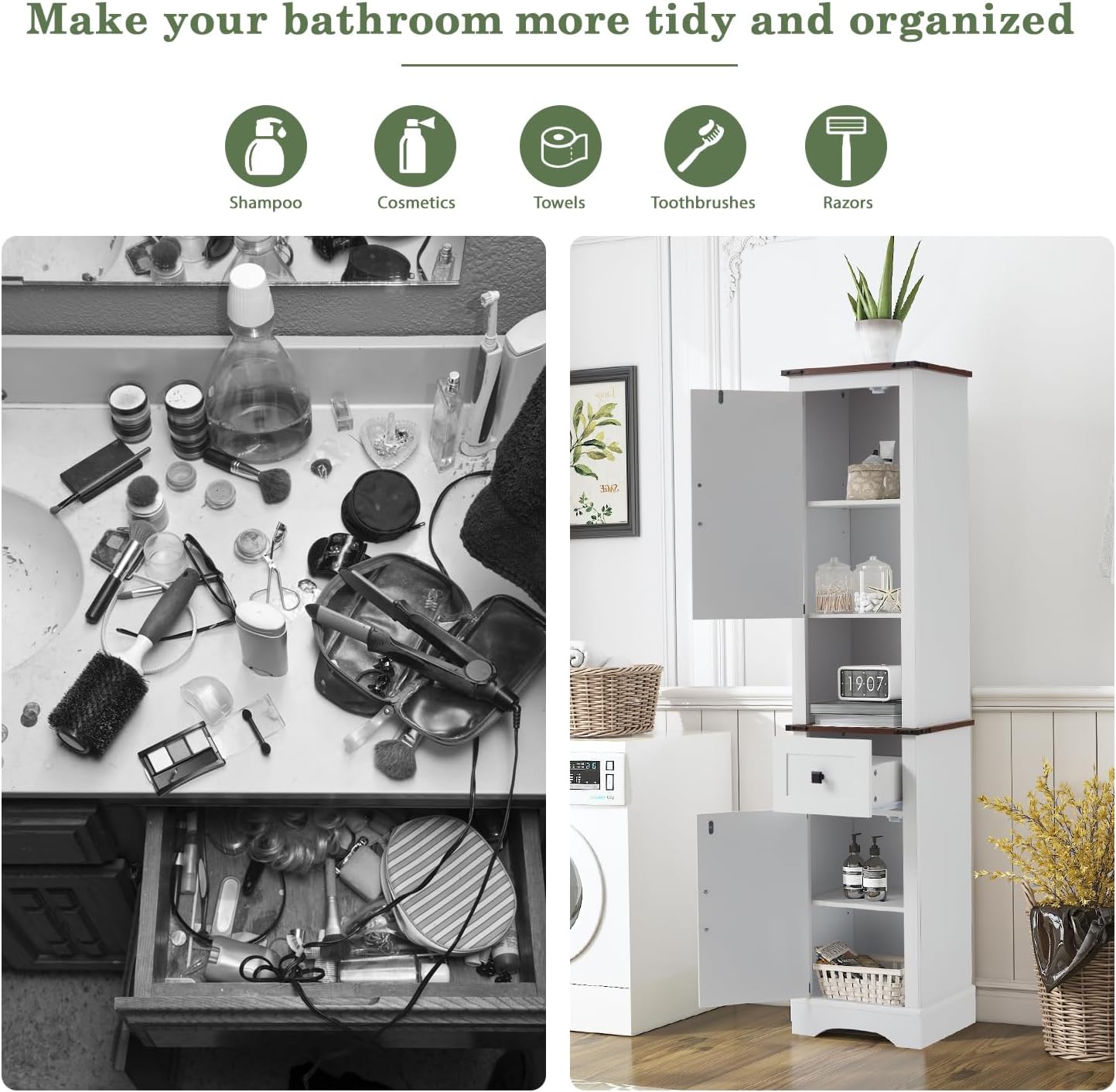 JOMEED Tall Bathroom Storage Cabinet, 68" Farmhouse Linen Tower with Adjustable Shelves & Drawer, Rustic Narrow Storage Cabinet for Bathroom