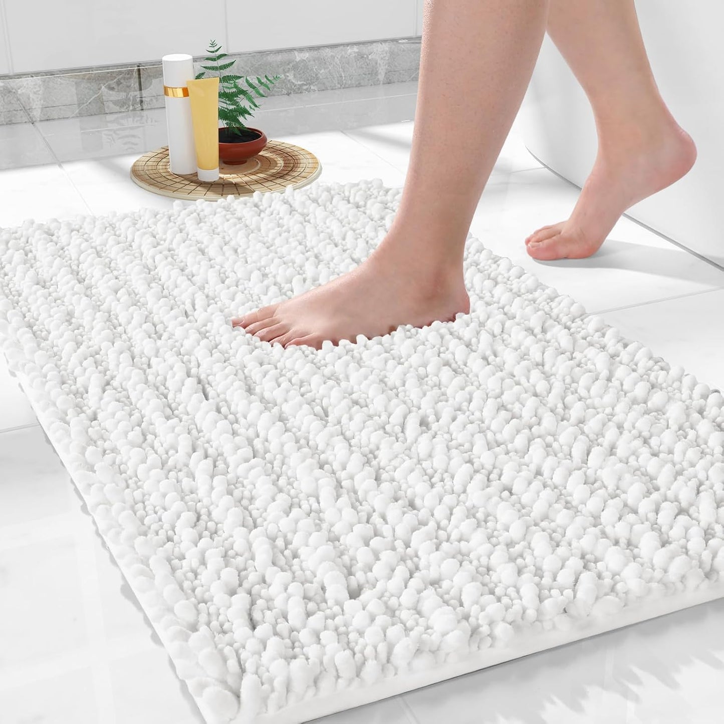 Yimobra Bathroom Rugs Non Slip Washable 24x17 Inch - Ultra Soft Absorbent Chenille Bath Mat, Quick Dry Shaggy Floor Carpet for Tub Shower, White Home Decor Accessories