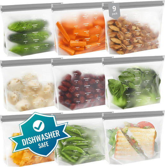 Dishwasher Safe Reusable Storage bags Stand Up - BPA Free Reusable Sandwich bags - Leakproof Gallon Freezer bag, Food Storage bag - Grey 9 Sandwich