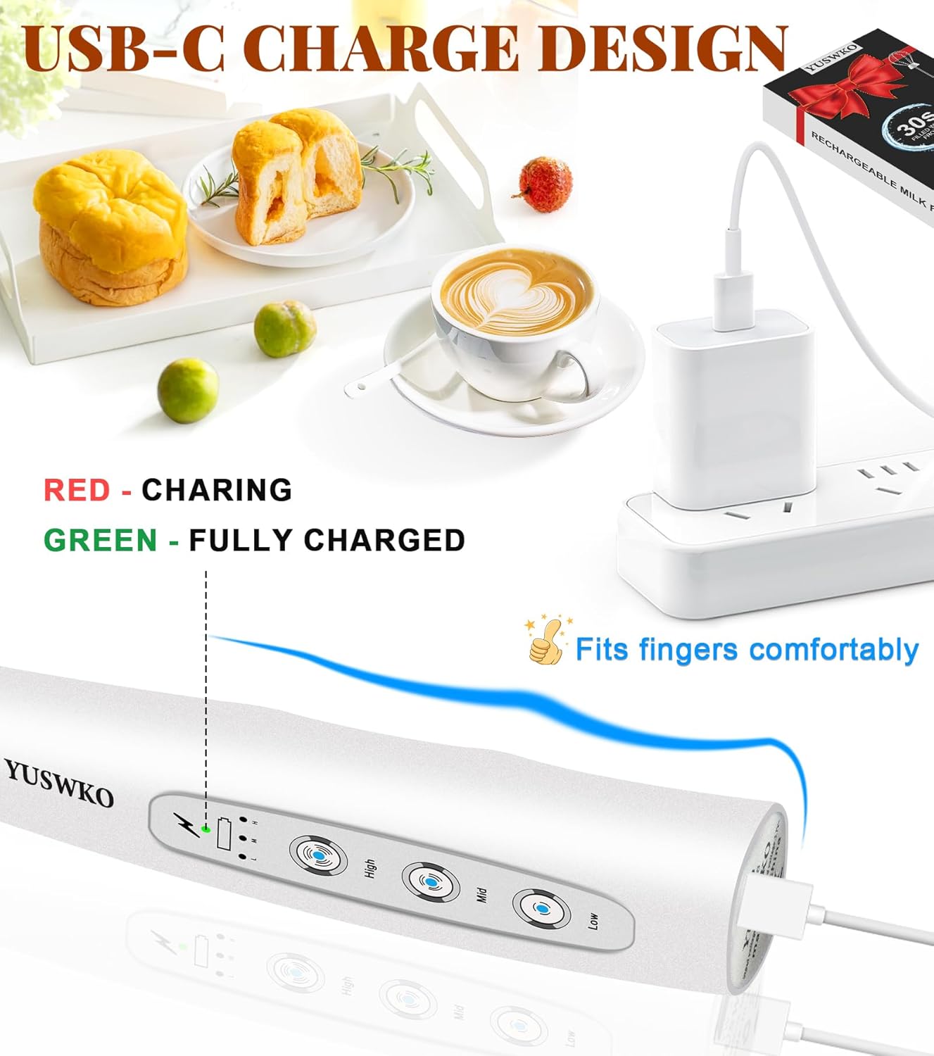 YUSWKO Milk Frother Handheld for Coffee, Rechargeable Drink Mixer with 3 Heads 3 Speeds Electric Coffee Frother Whisk, Gift for Many Occasions and Festival