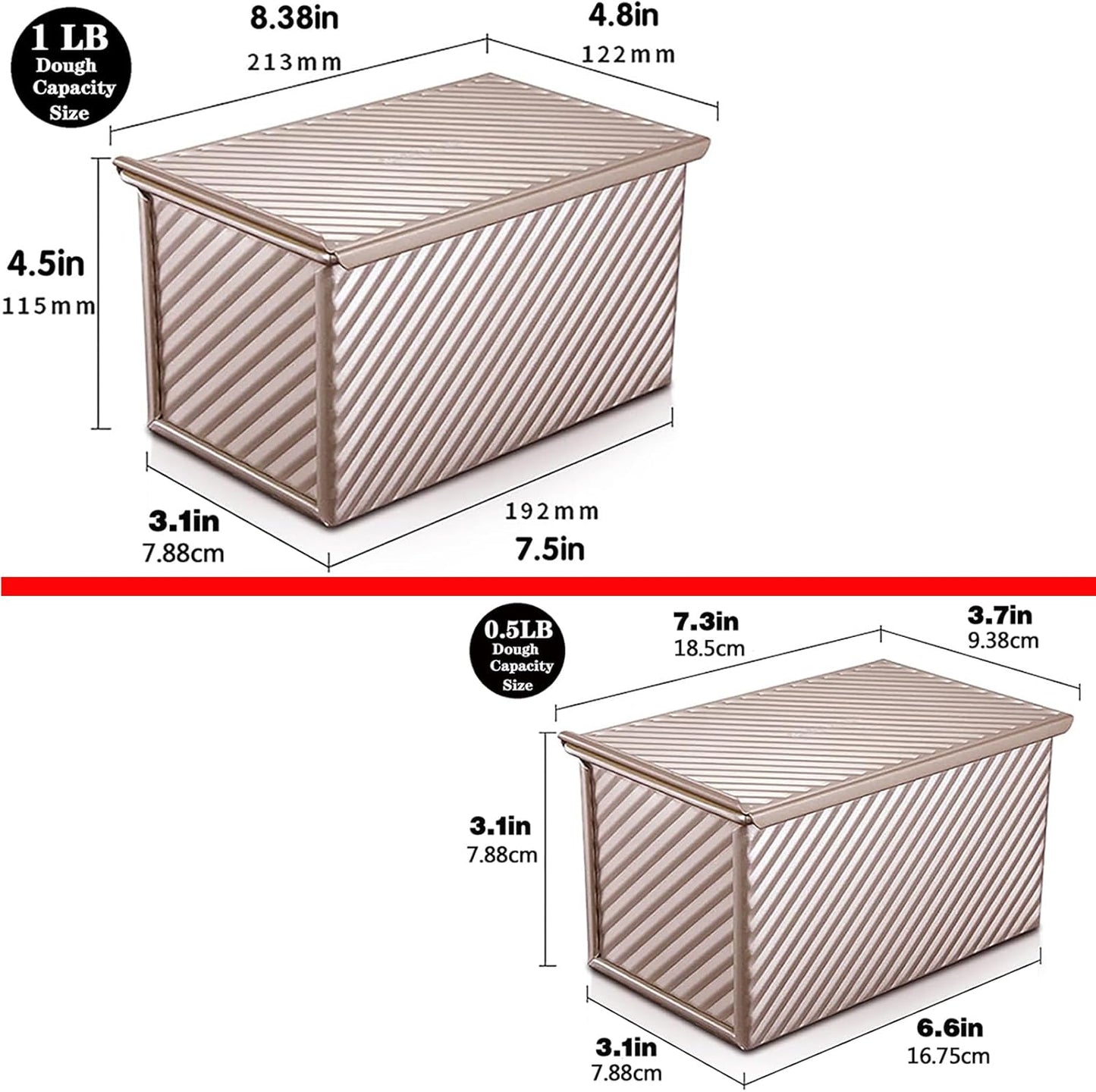 2 Pack Pullman Loaf Pan with Lid, 1 lb/0.5 lb Dough Capacity, Carbon Steel Corrugated, Non-Stick Sandwich Bread Loaf Pan with Lid