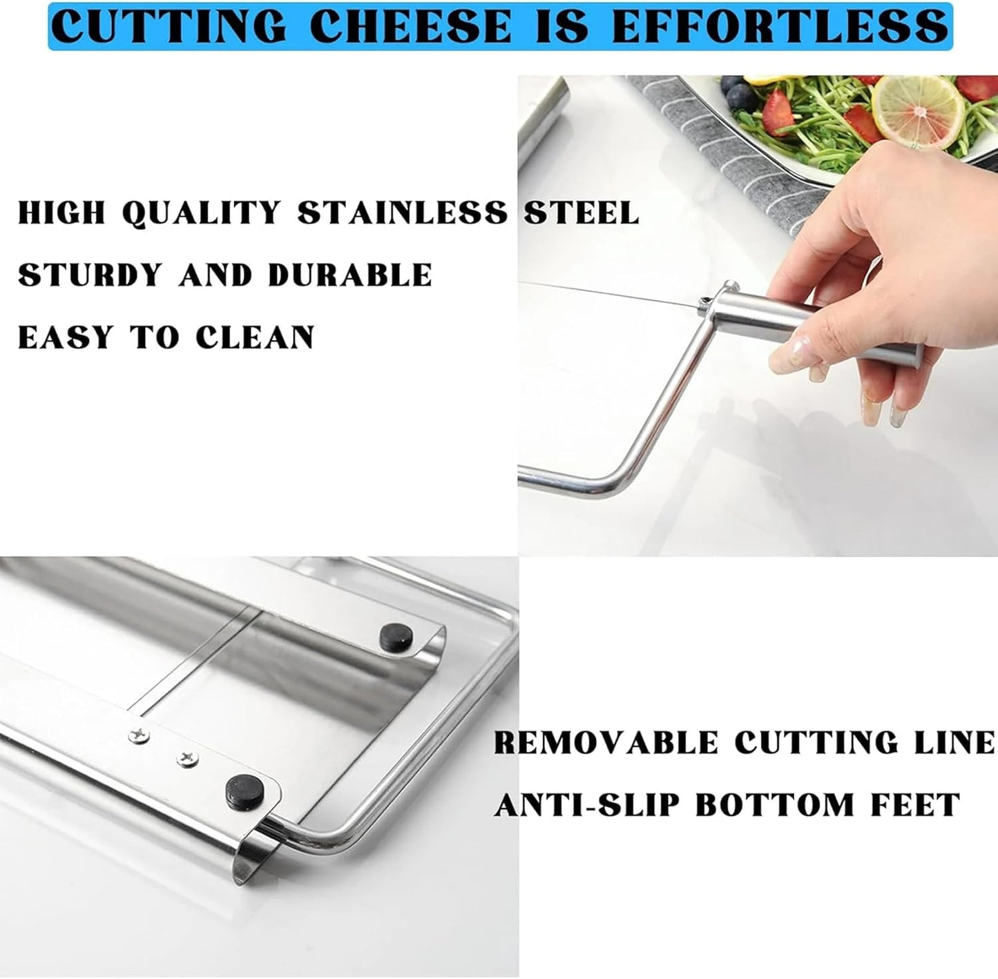 Cheese Slicer with Board for Block Cheese - Heavy Duty Adjustable Cheese Cutter Board with 11 Replacement Wires, Ergonomic Design Adjustable Stainless Steel Cheese Cutter with Precision Scale