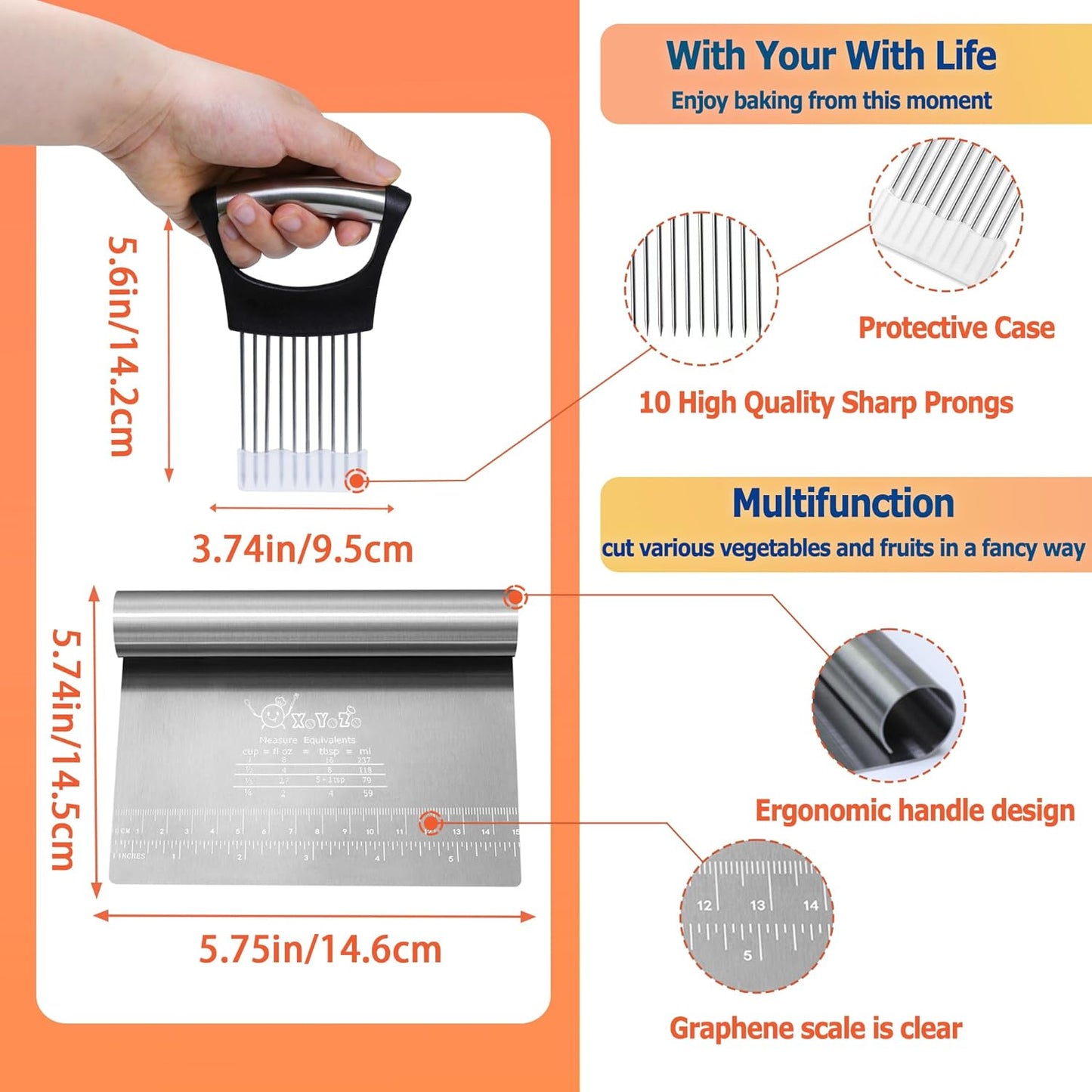 Bench Scraper Dough Chopper Onion Holder for Slicing Slicer Onion Cutter with Protective Cover and Anti-Slip Handle Stainless Steel Chopper for Potato, Tomato, Avocados, Eggs, Vegetable, Onions