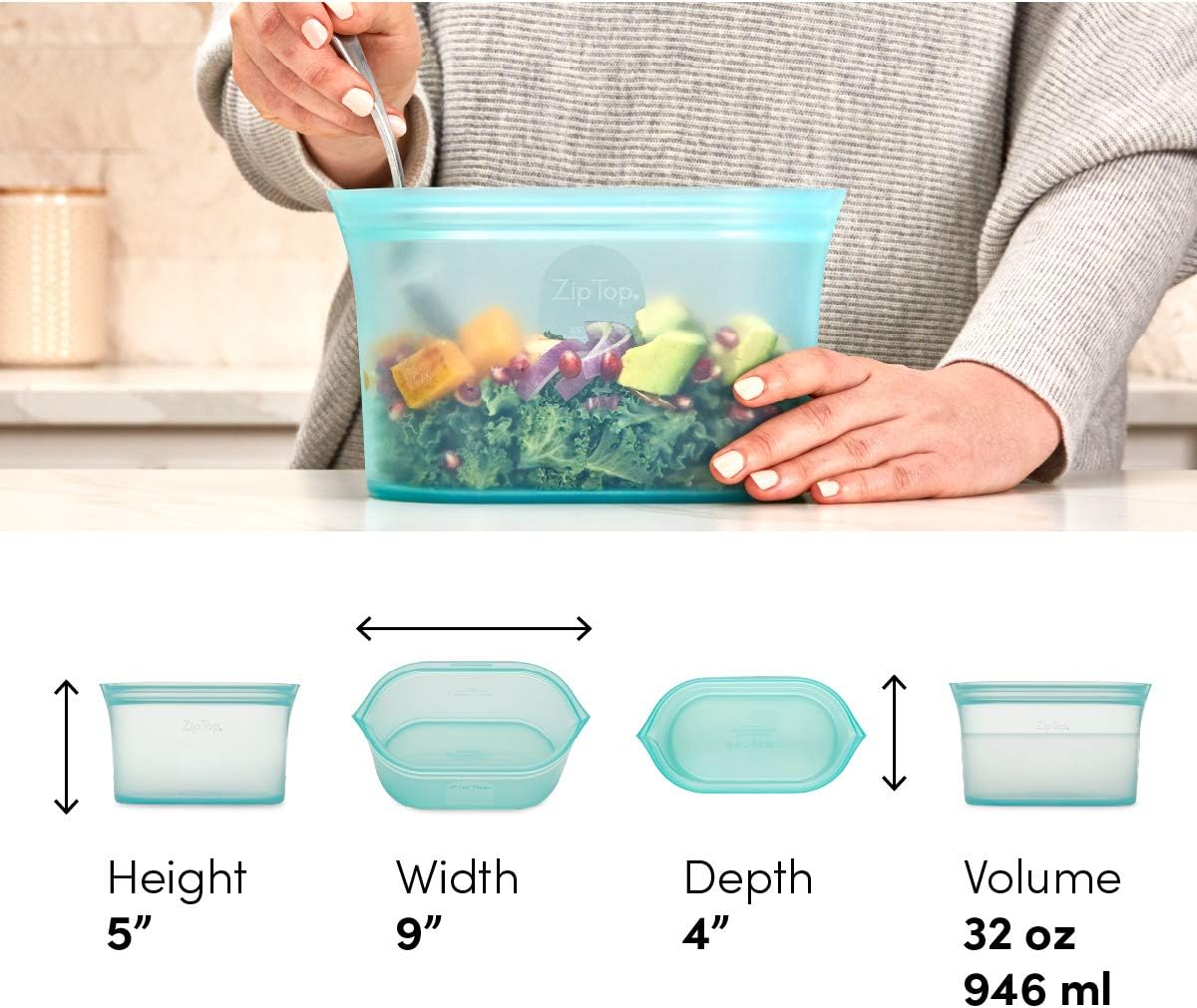 Zip Top Reusable Food Storage Bags | Large Dish [Teal] | Silicone Meal Prep Container | Microwave, Dishwasher and Freezer Safe | Made in the USA