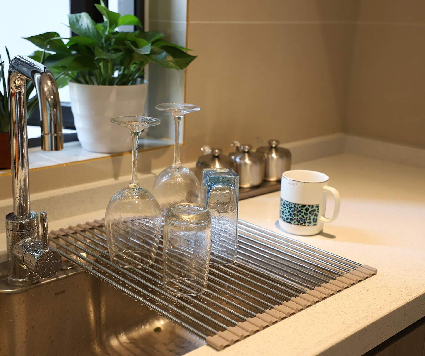 Ahyuan Roll up Dish Drying Rack Over The Sink Kitchen Roll up Sink Drying Rack Stainless Still Portable Drainer Foldable Dish Rack (Warm Gray, 17.8''X13.5'')